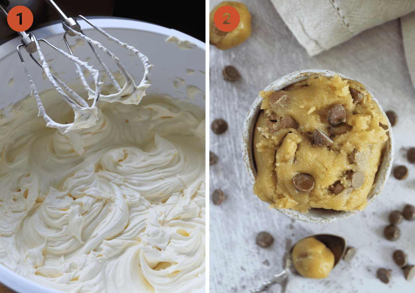 Whipping up the ice-cream base and (right) a bowl of gluten free cookie dough.