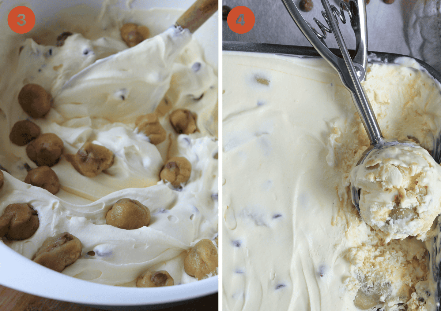 Fold in the cookie dough and then freeze the ice-cream.