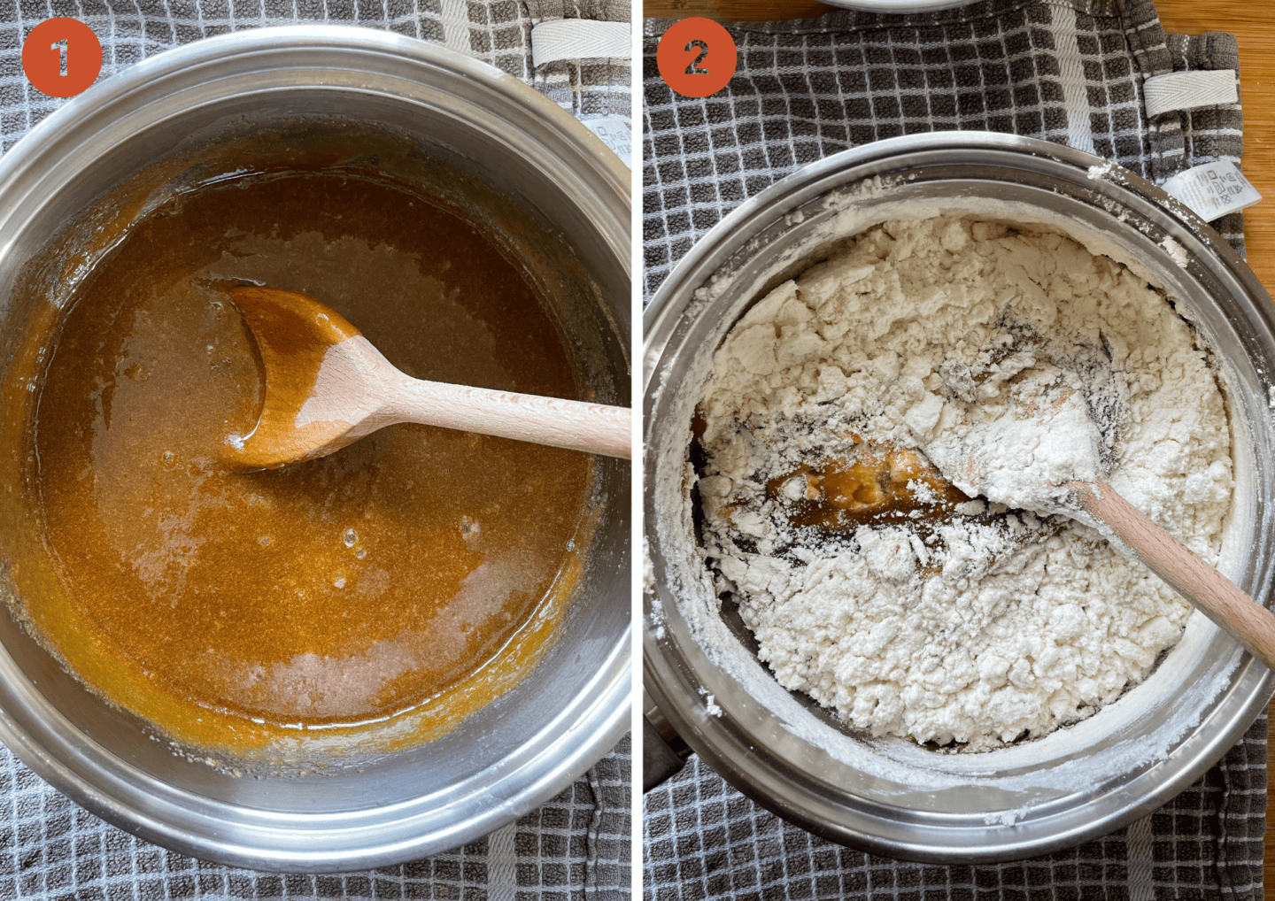 The melted butter and sugar (left) and with the flour added in (right) in a pan.