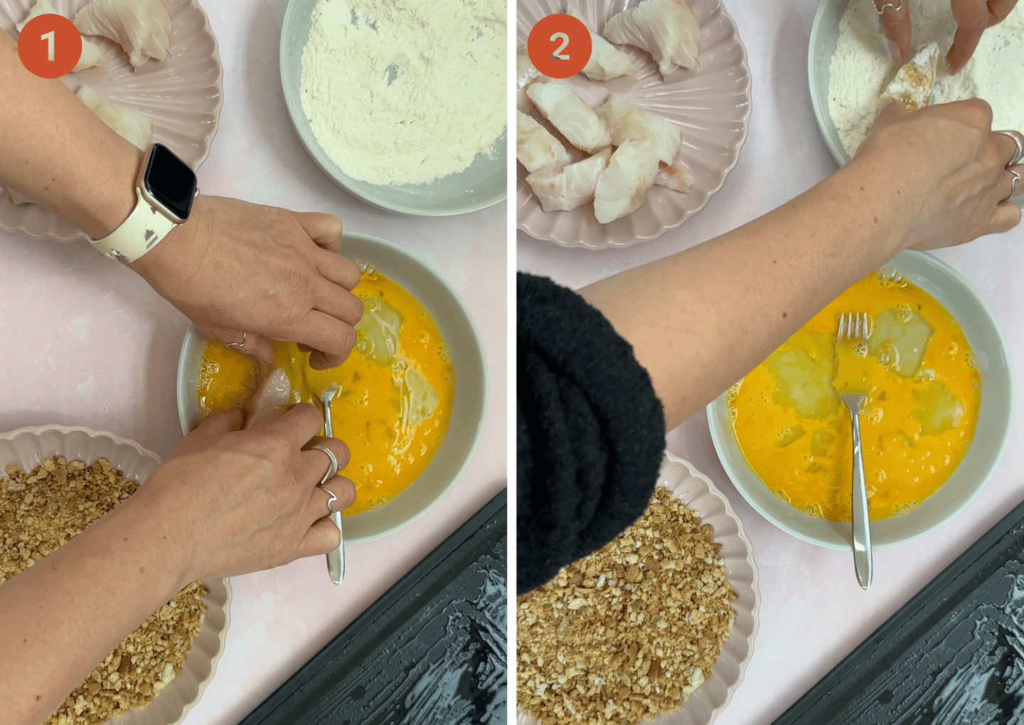Dipping the fish in the egg and then the flour.