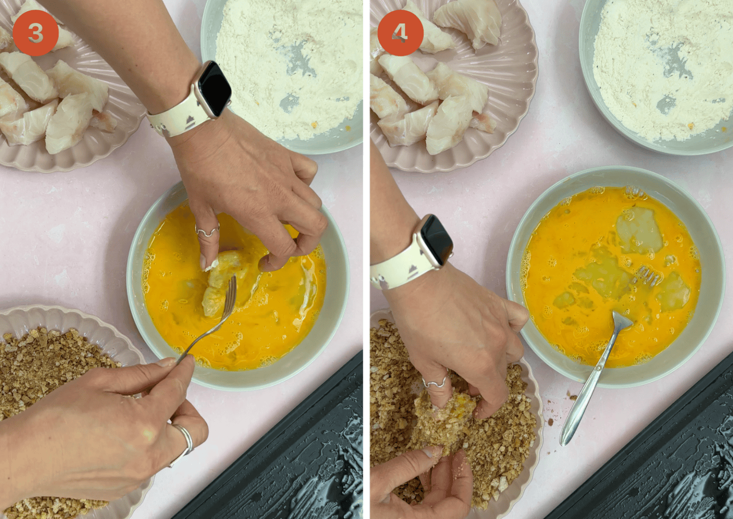 Dipping the fish in the egg and then the breadcrumbs.
