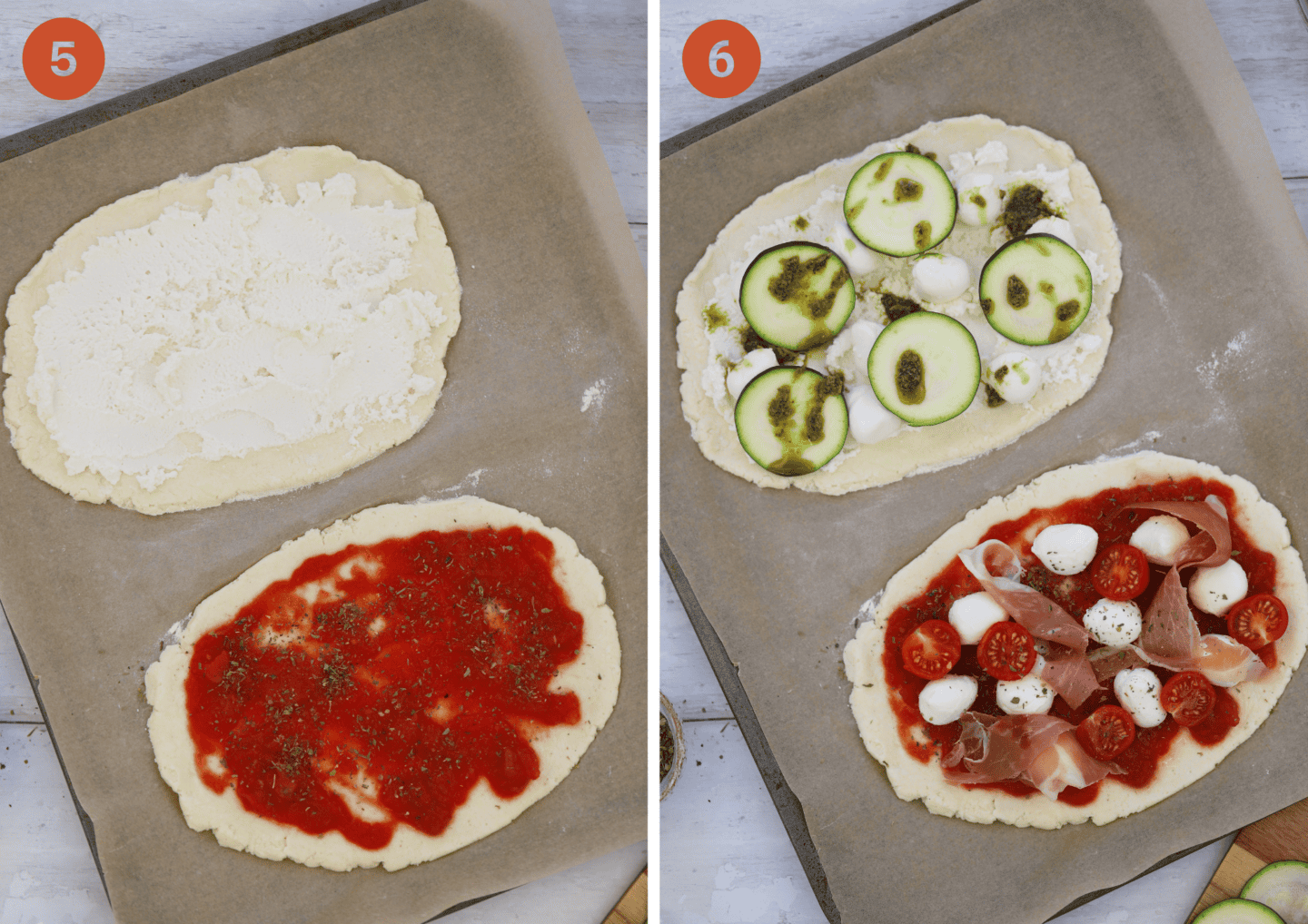 Adding toppings to the gluten free flatbread pizzas.