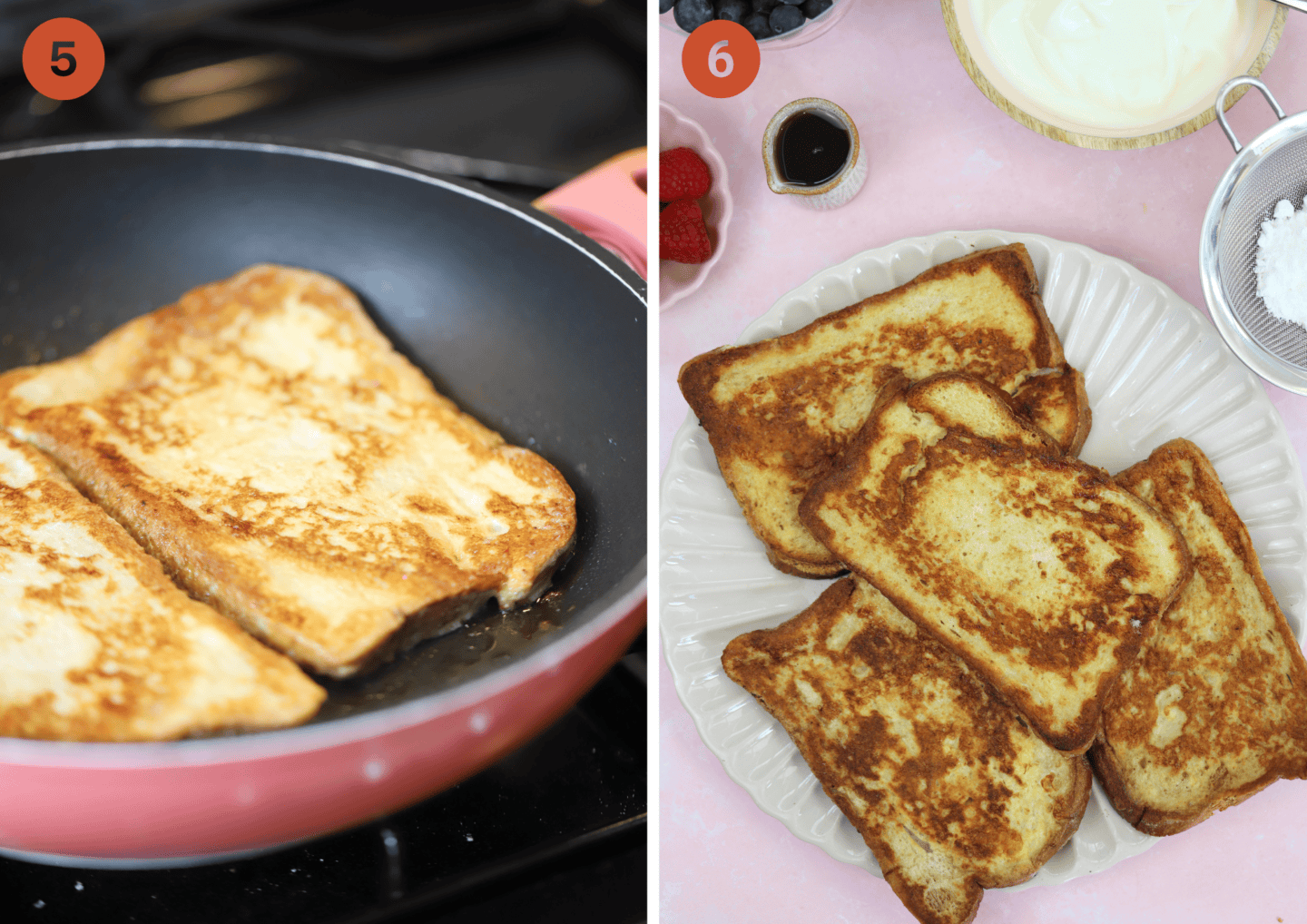 The bread flipped over in the pan and French toast on a plate.