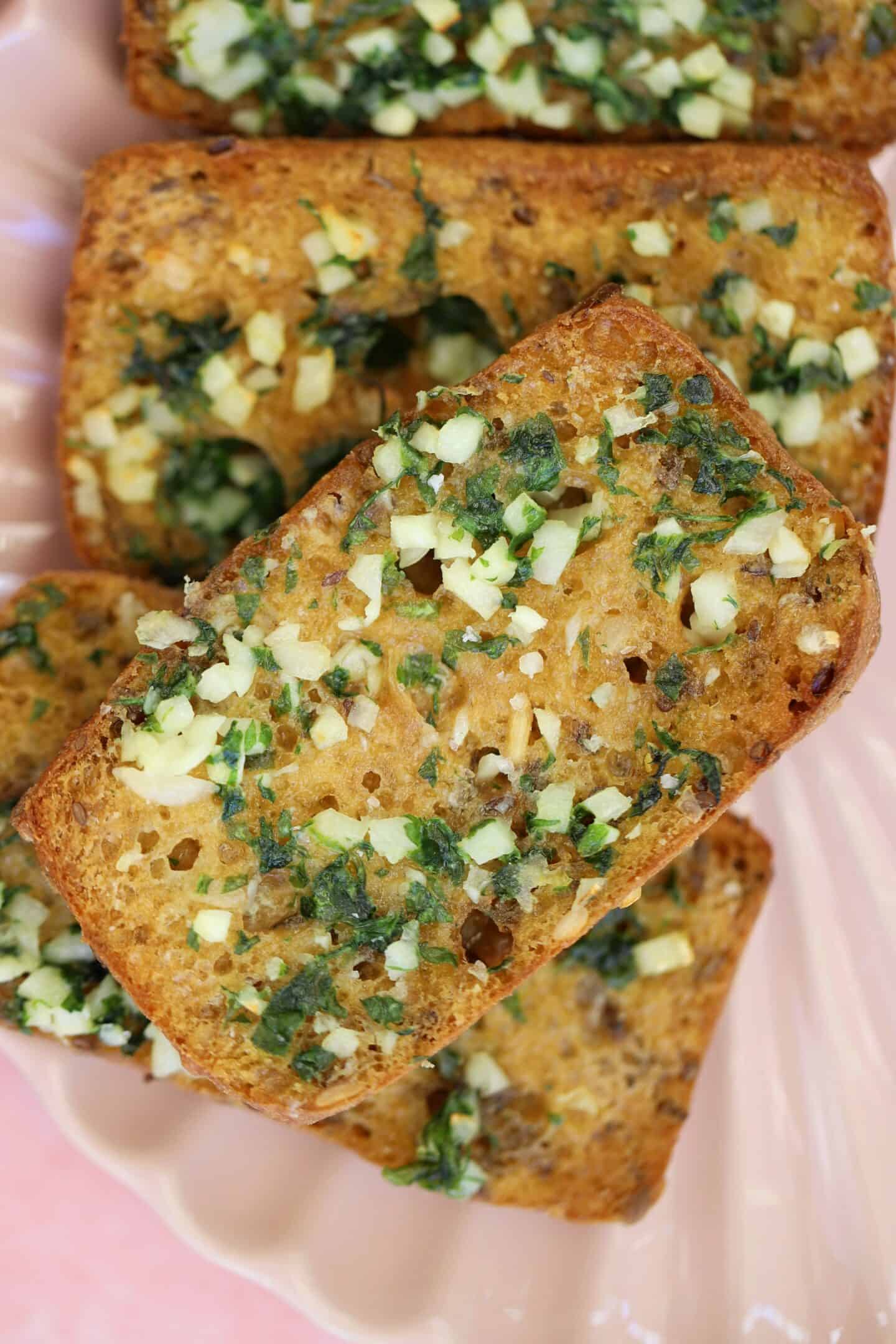 A close up of gluten free garlic bread.