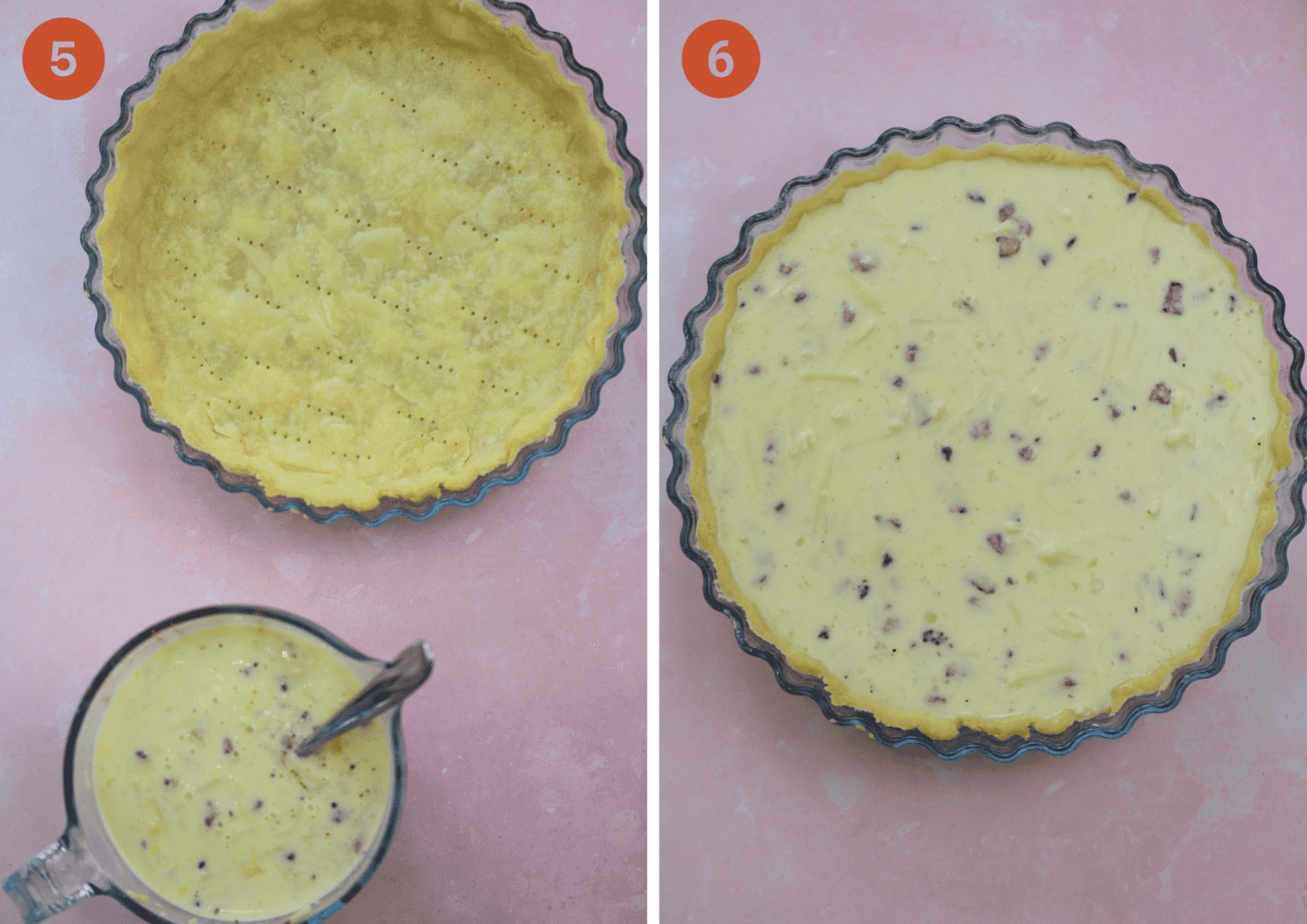 Fill the gluten free quiche crust and then bake again.