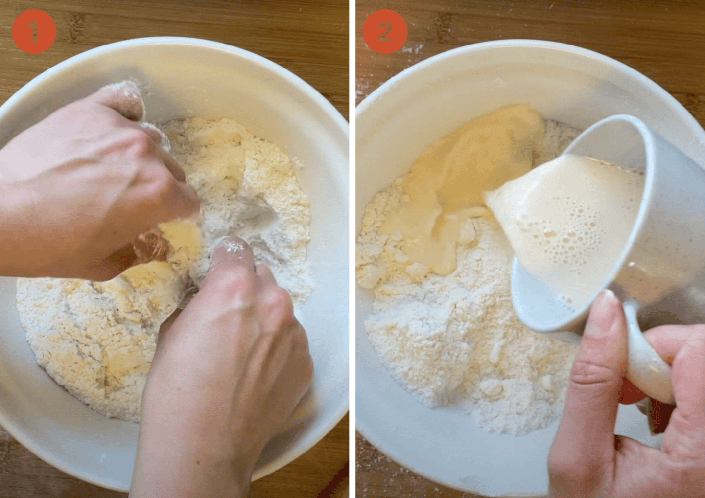 Mix the dry scone mixture with your fingertips then add the milk and egg.