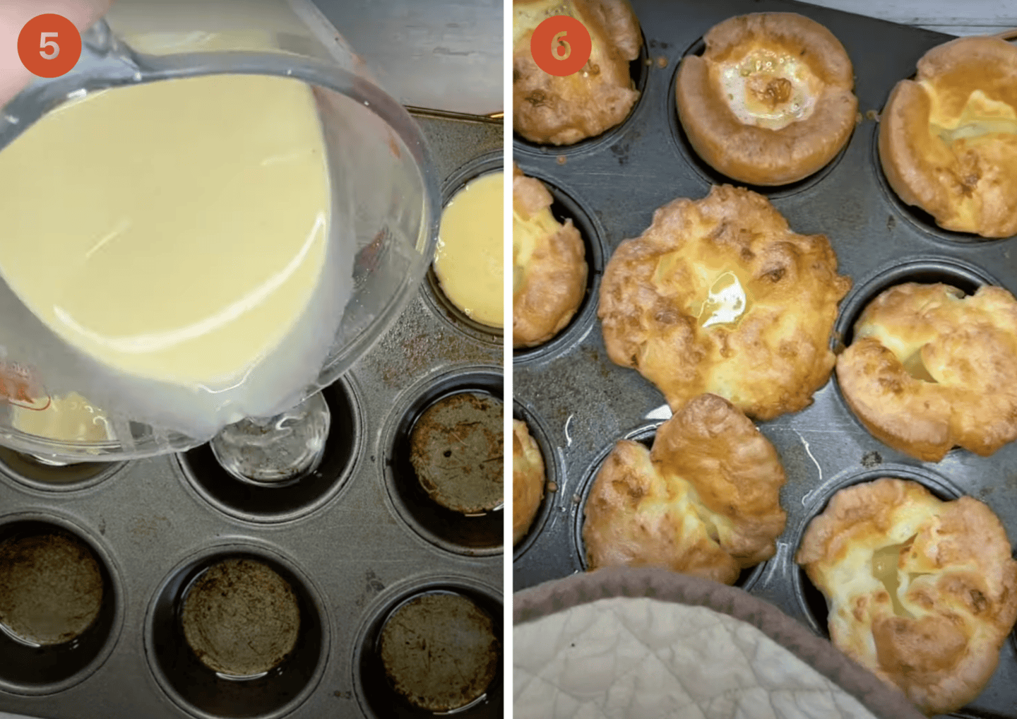 Pour the Yorkshire pudding batter into the tin and then bake.