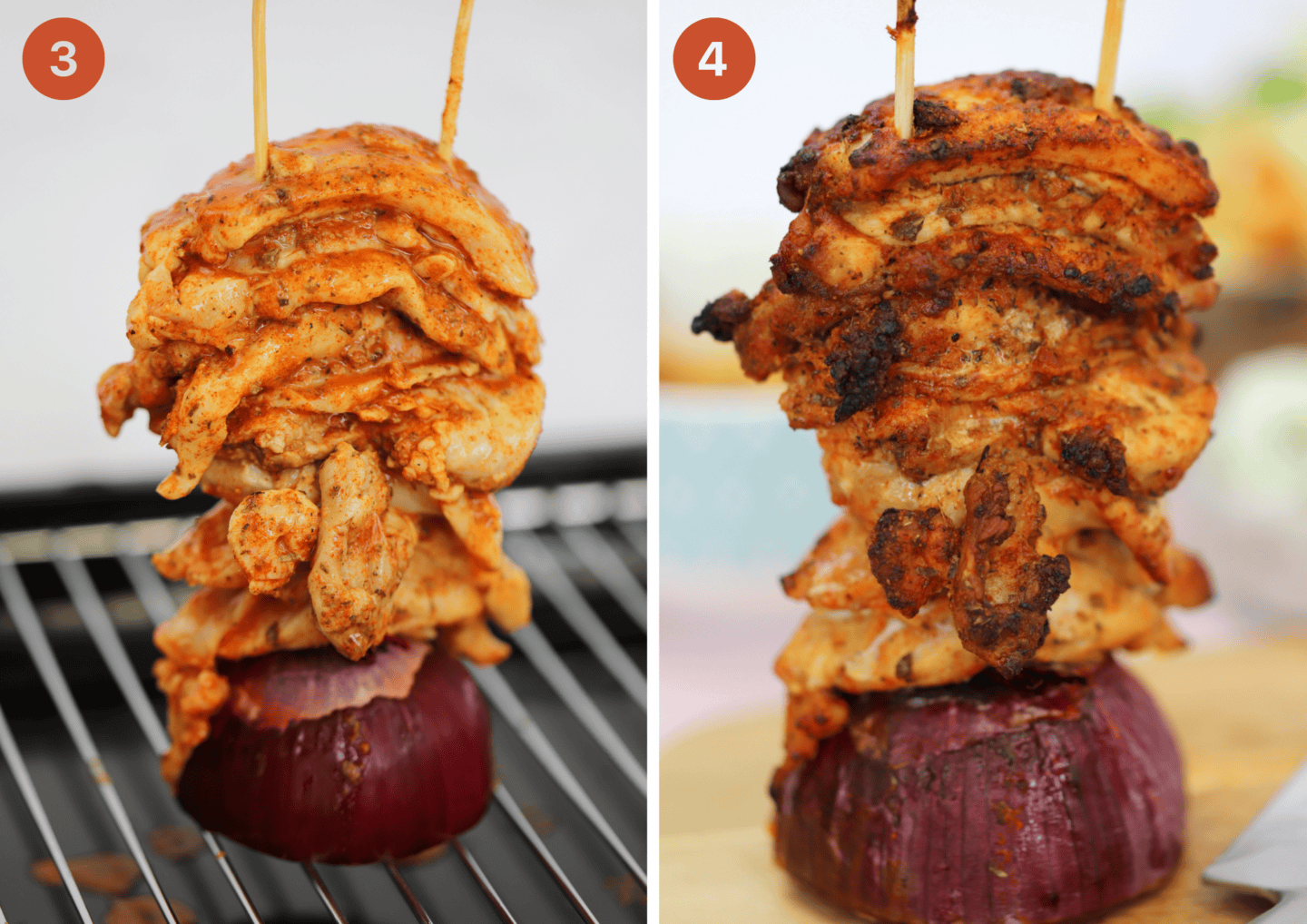 The chicken gyro meat threaded on a skewer, before and after cooking.