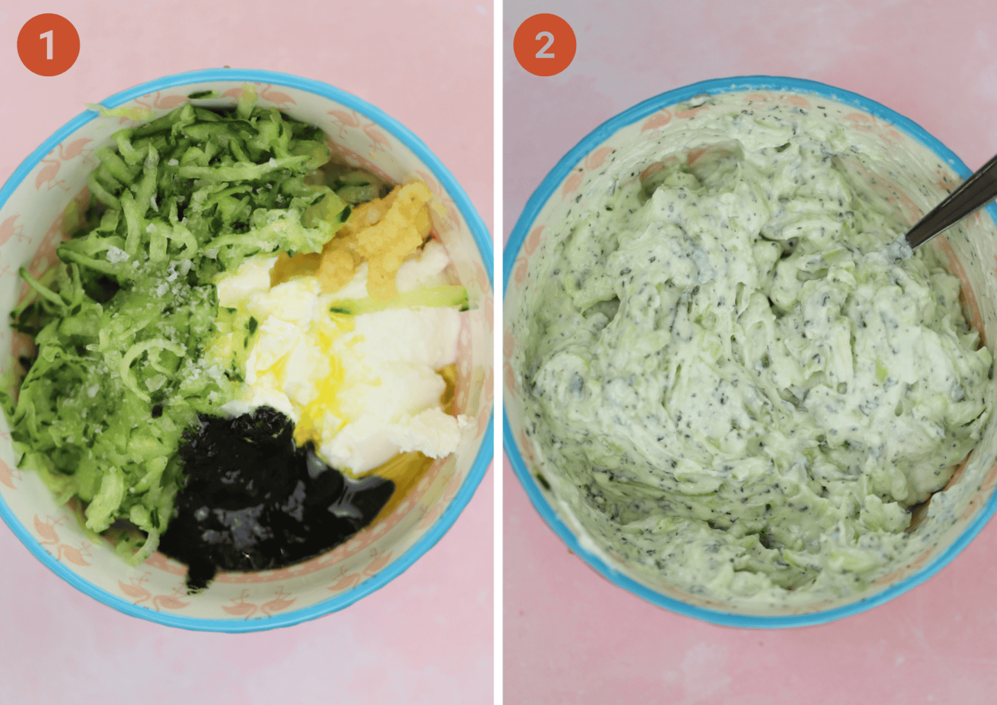 Homemade tzatziki before and after mixing.