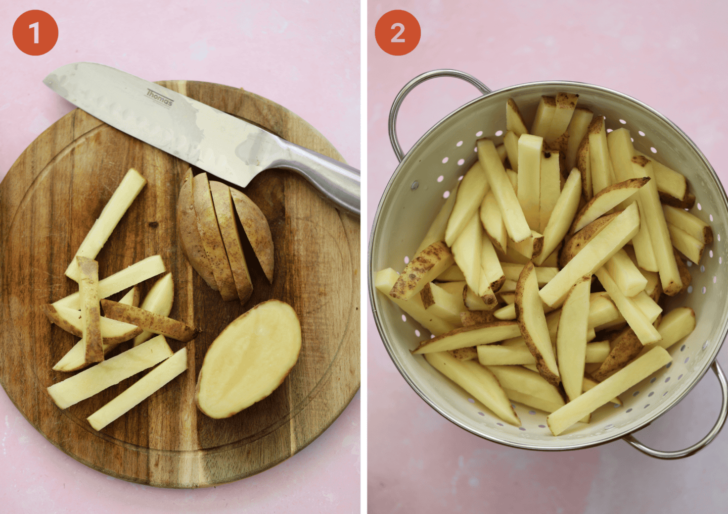 Cut the potatoes into 1cm chips then rinse in a colander.