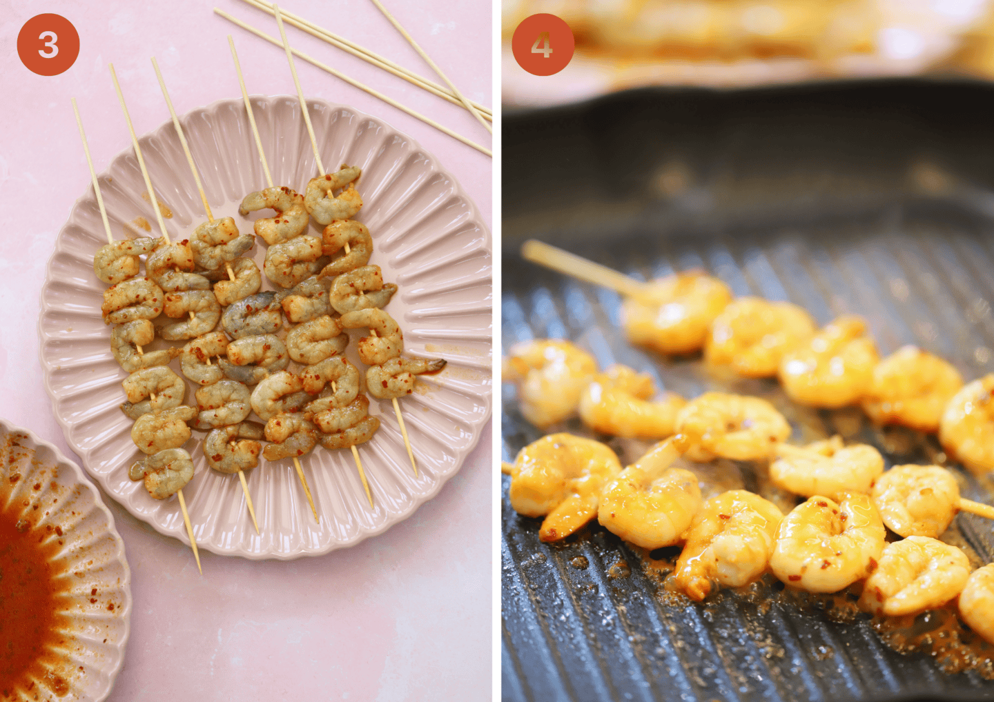 Raw king prawn skewers on a plate and cooking in a pan.