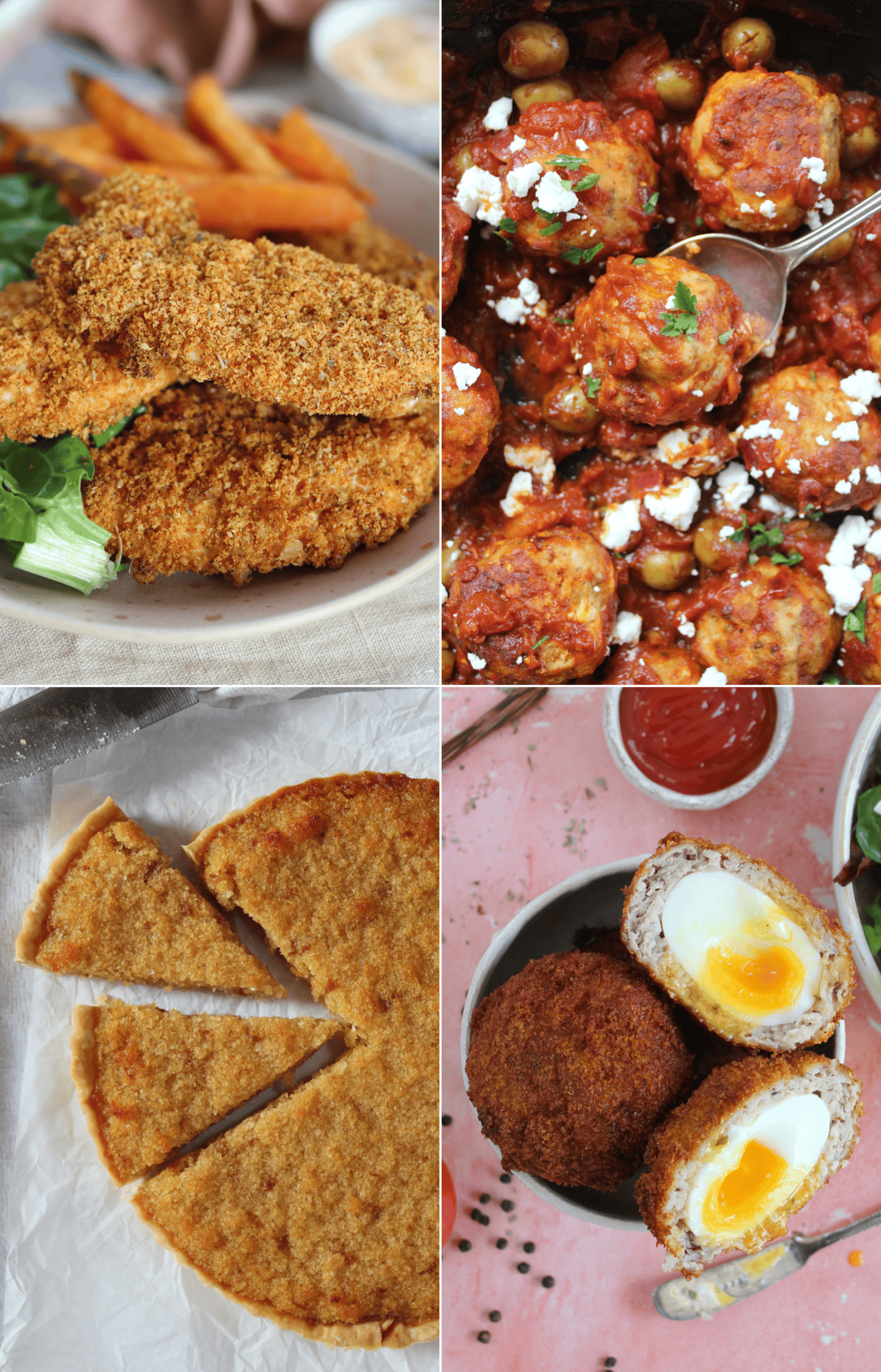 Breaded chicken, meatballs, treacle tart and scotch eggs.