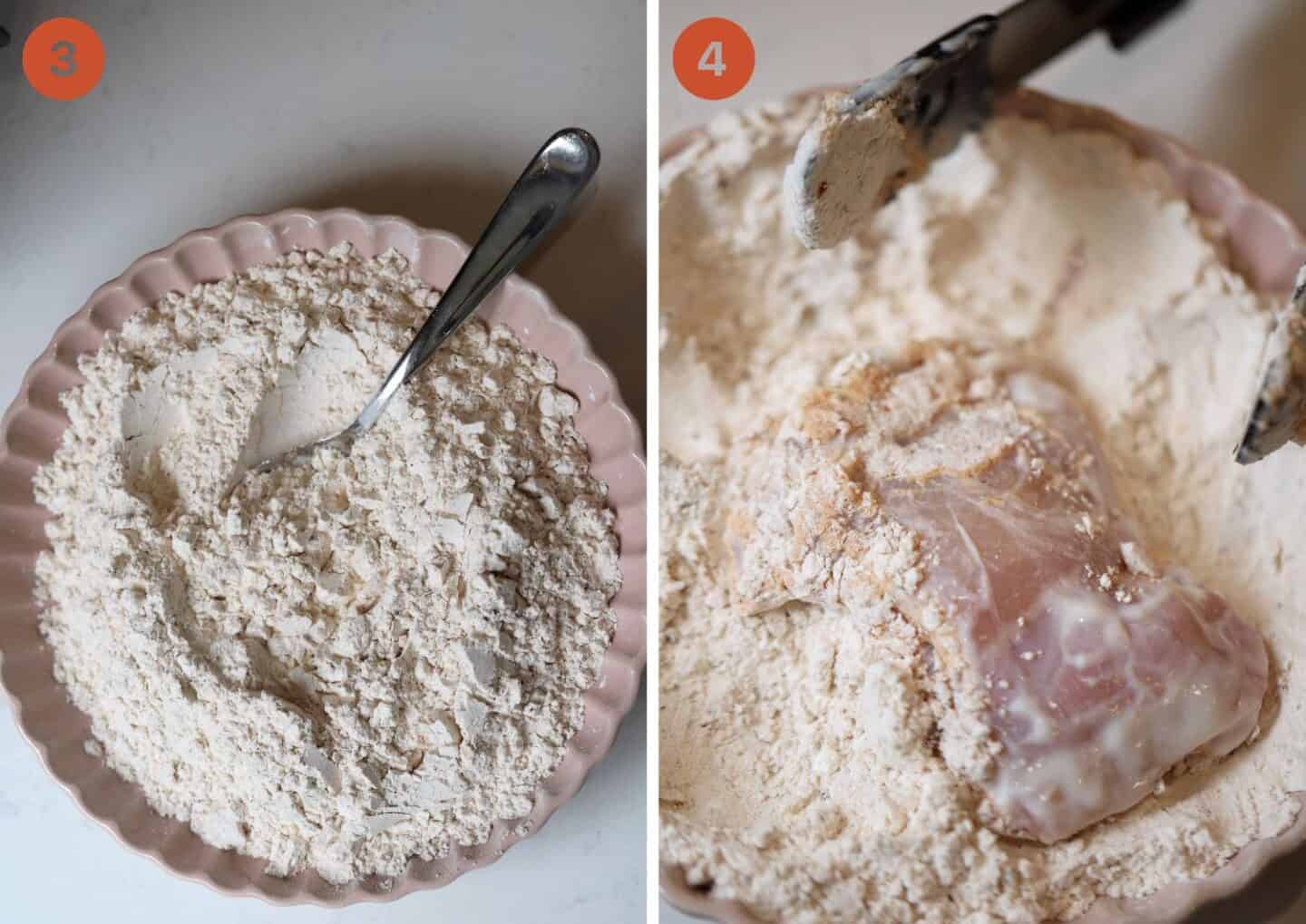 Left: the fried chicken coating and right: coating the chicken thighs.