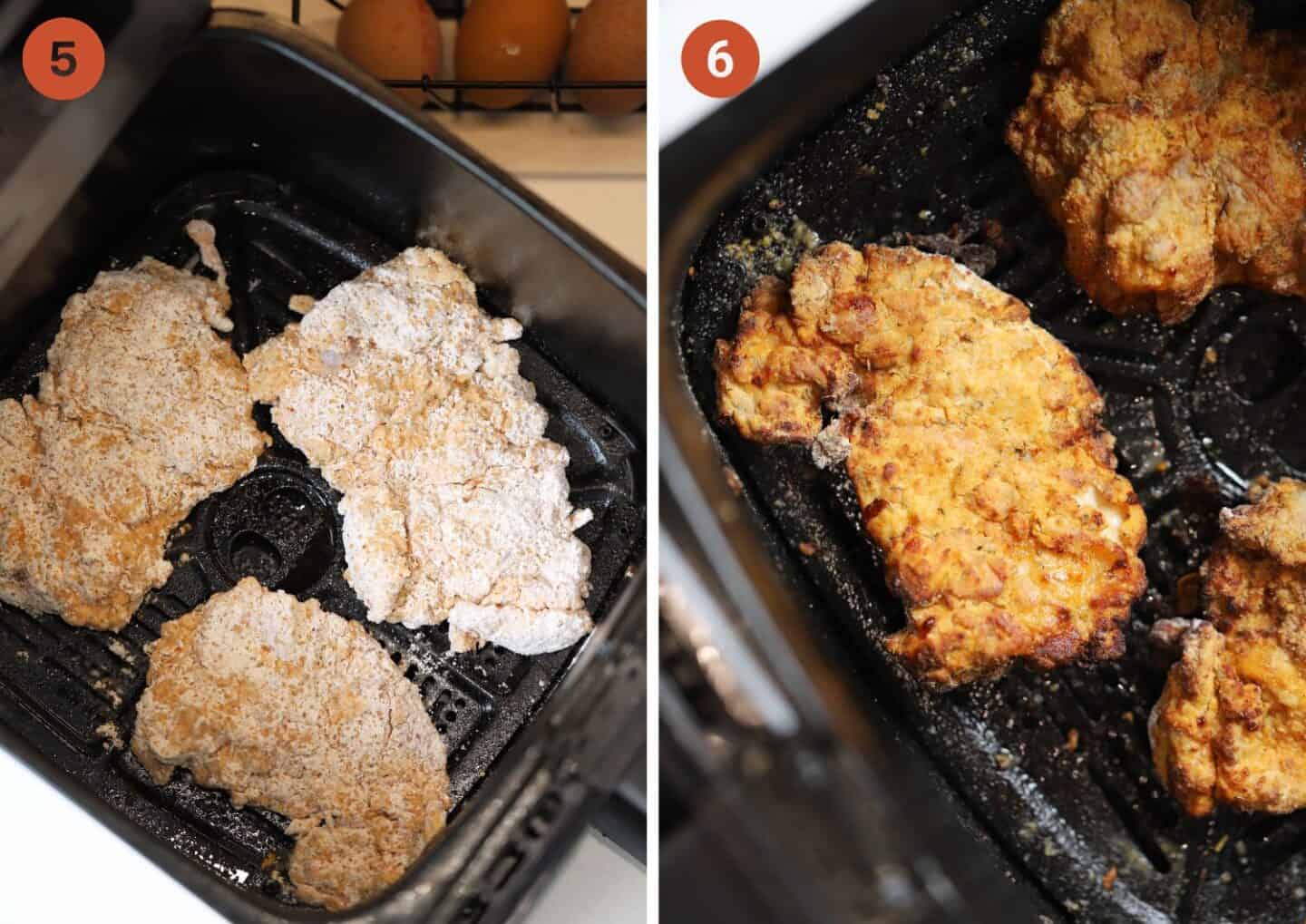 The buttermilk fried chicken before (left) and after (right) frying.