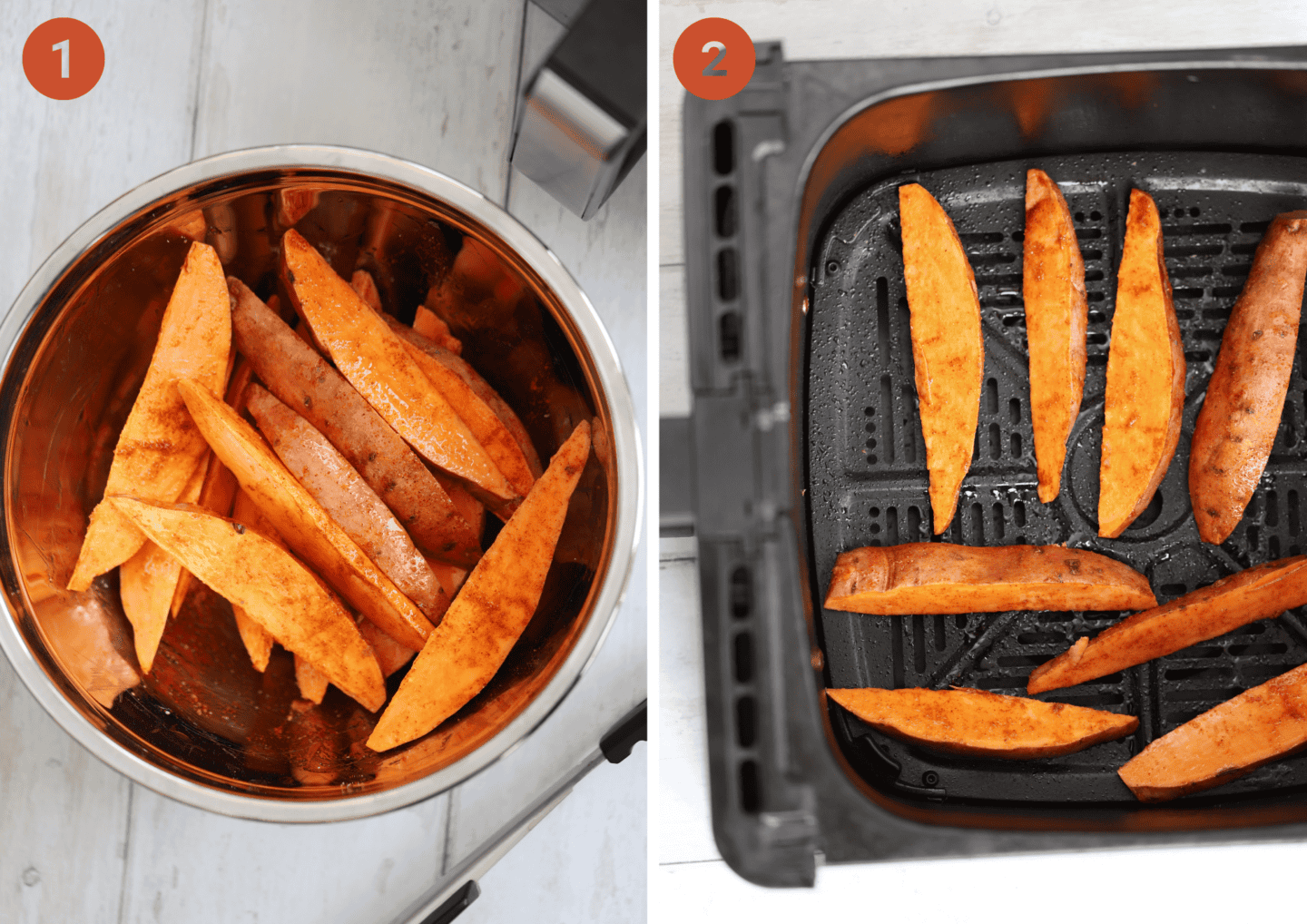 Toss the sweet potato in oil and spices then place in air fryer basket.