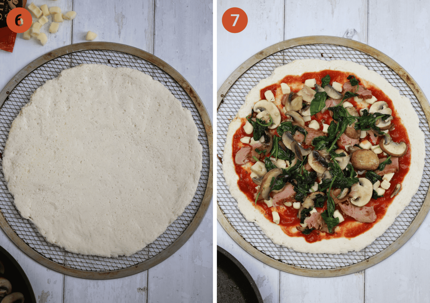 The shaped pizza dough and (right) with toppings before baking.