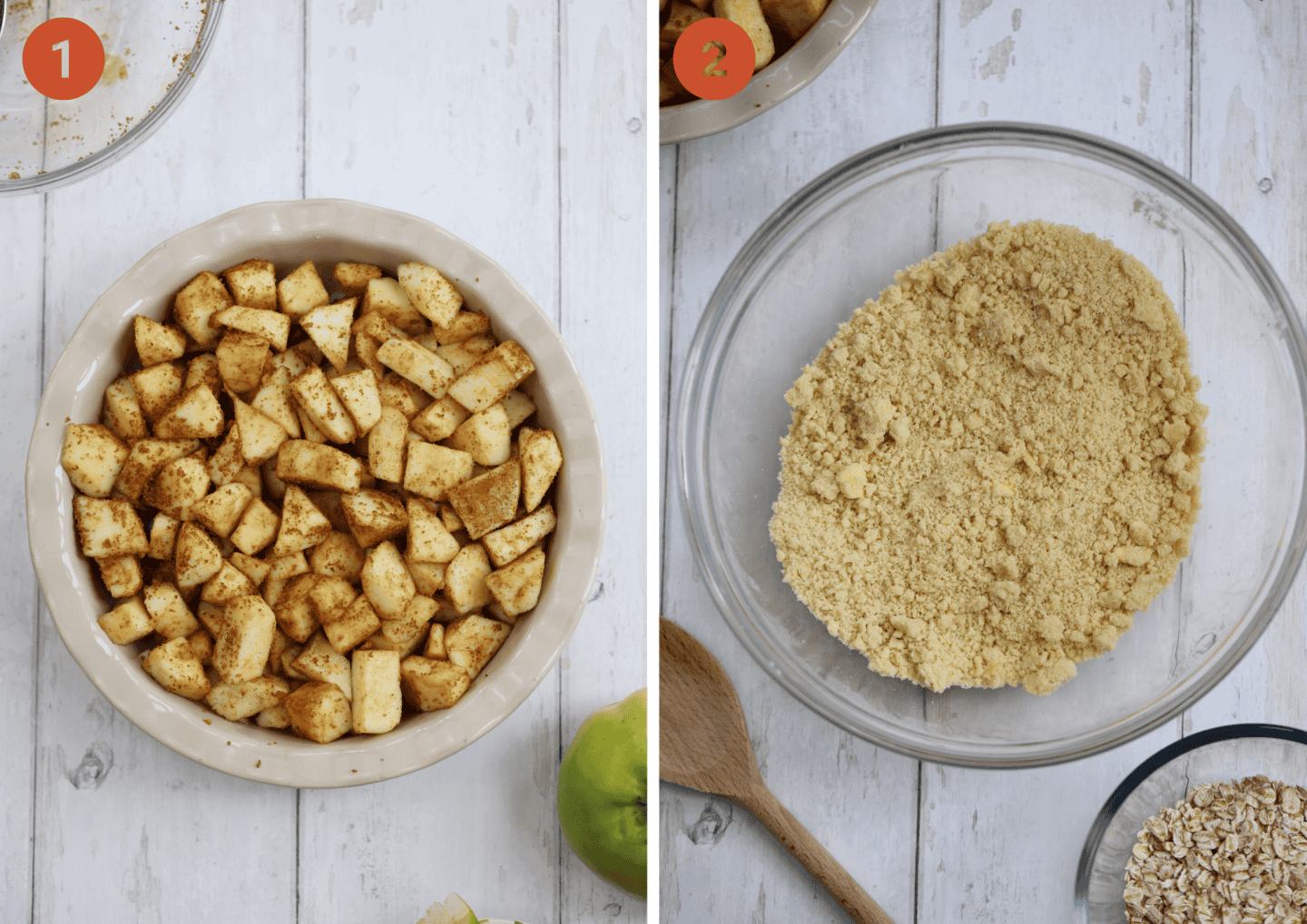 Chopped apples in a pie dish and the ingredients for an apple crumble topping.