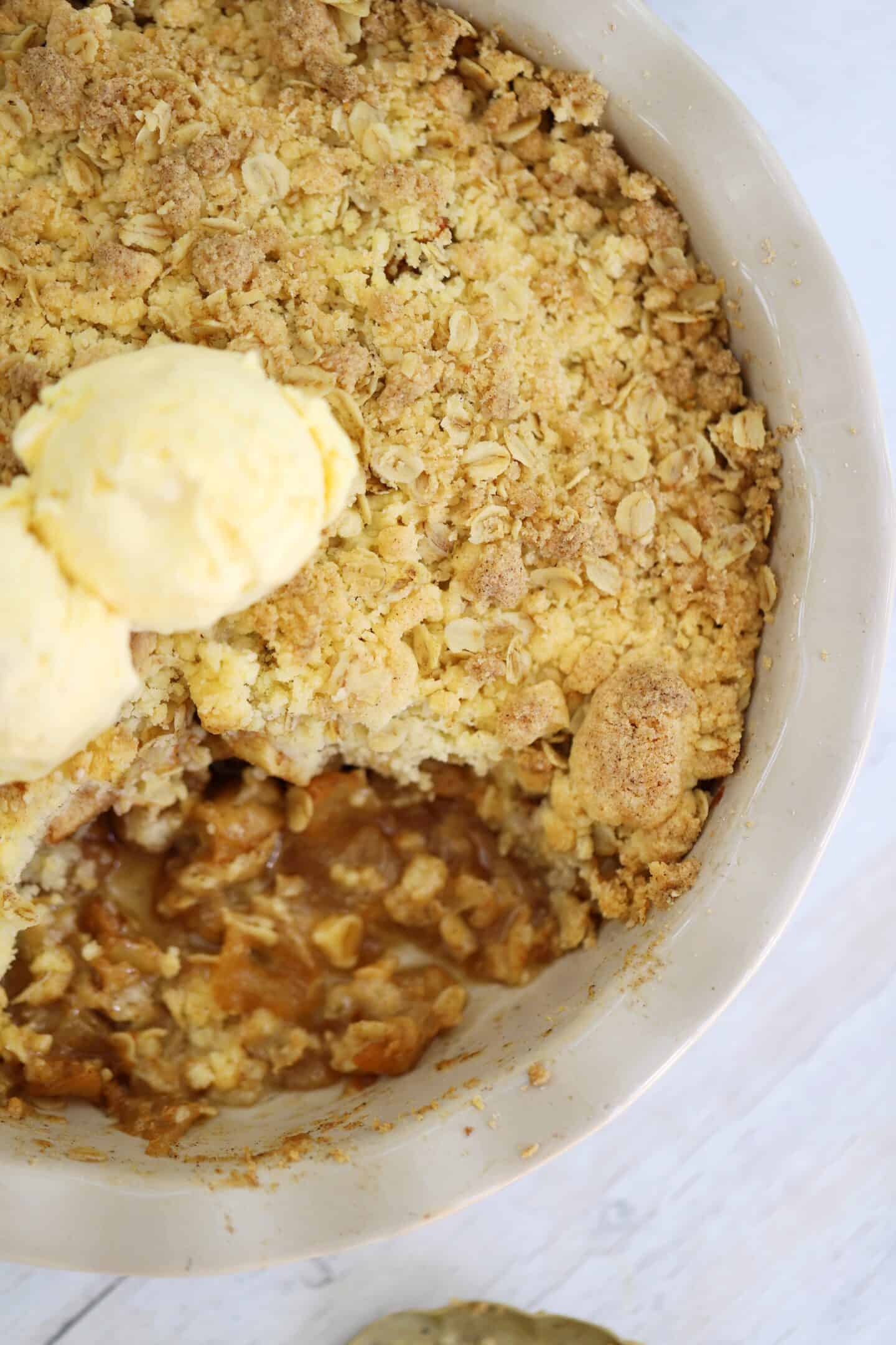 Close up of gluten free apple crumble topping.