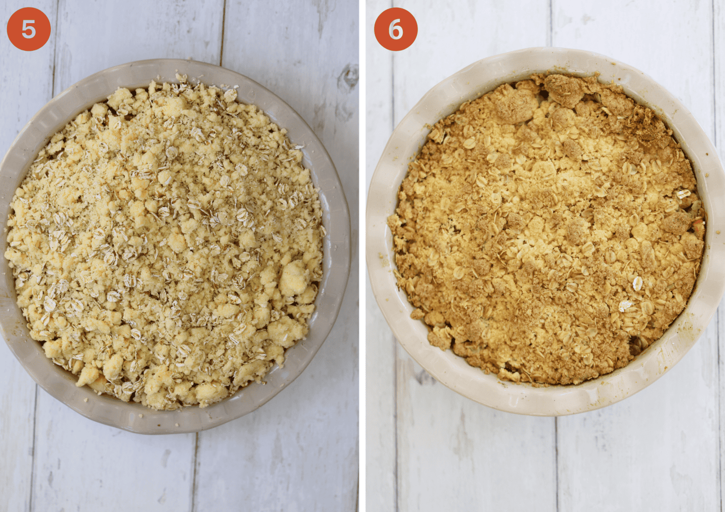 Gluten free apple crumble before and after baking.
