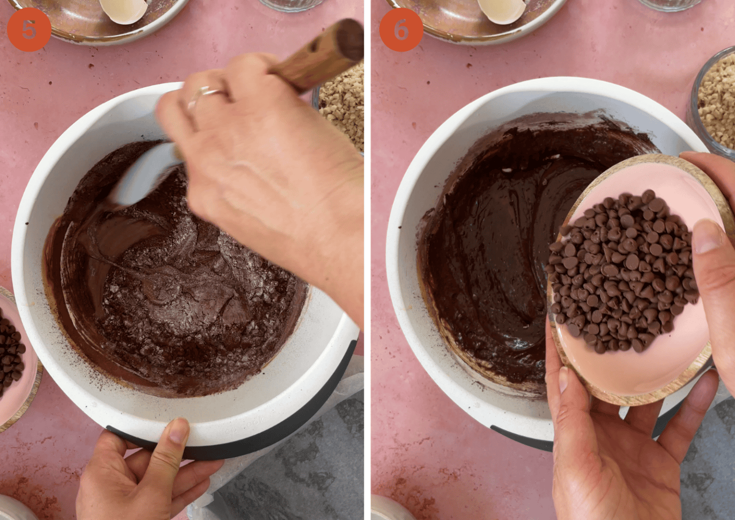 Folding in the flour, cocoa powder and chocolate.