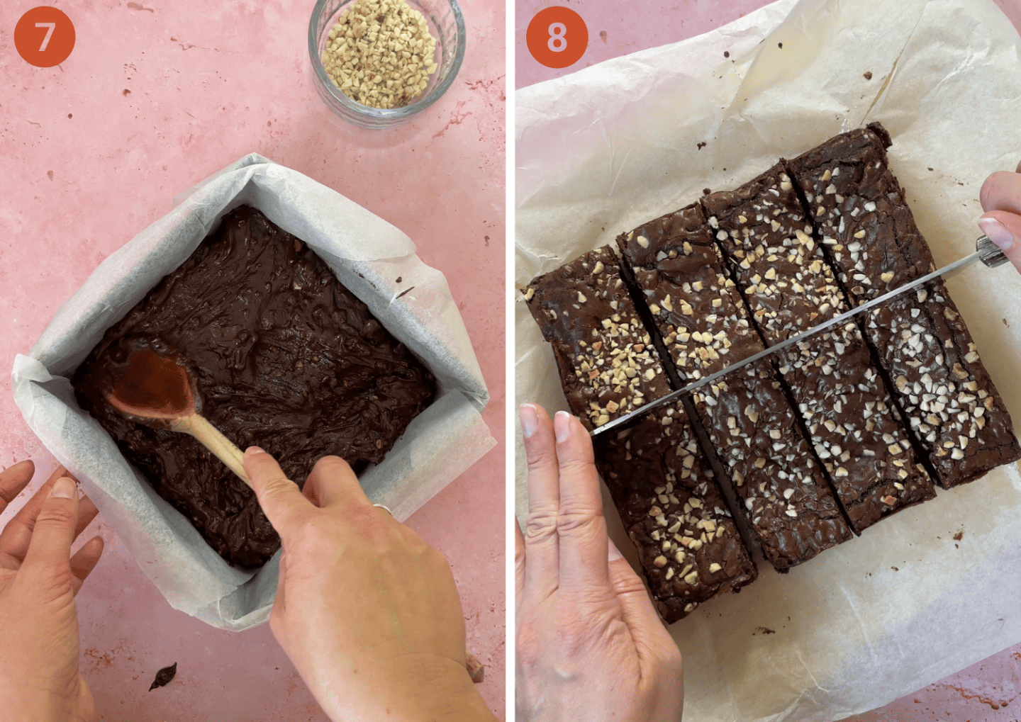 The gluten free brownies before and after baking.