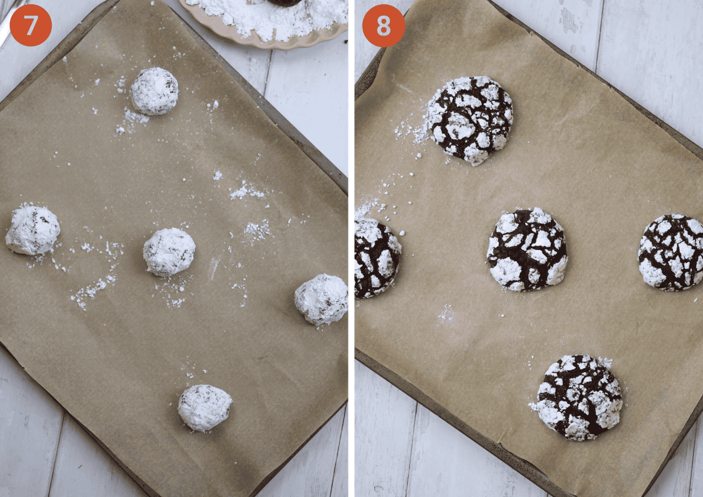 The gluten free crinkle cookies before and after baking.