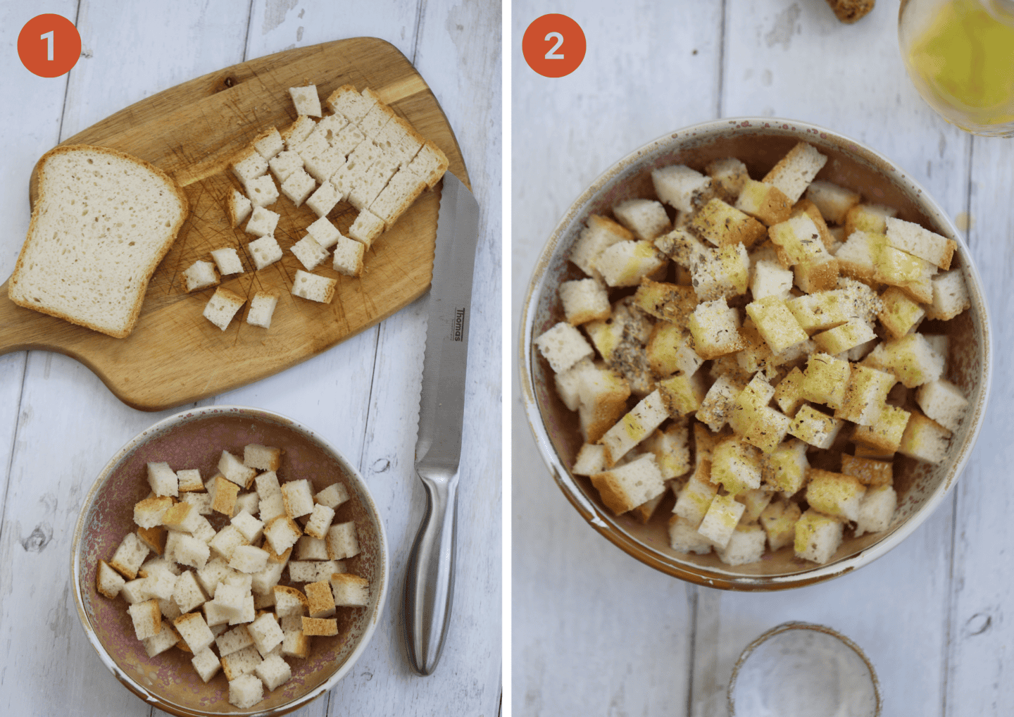 Cutting the bread for croutons and the uncooked croutons in a bowl with the seasoning.