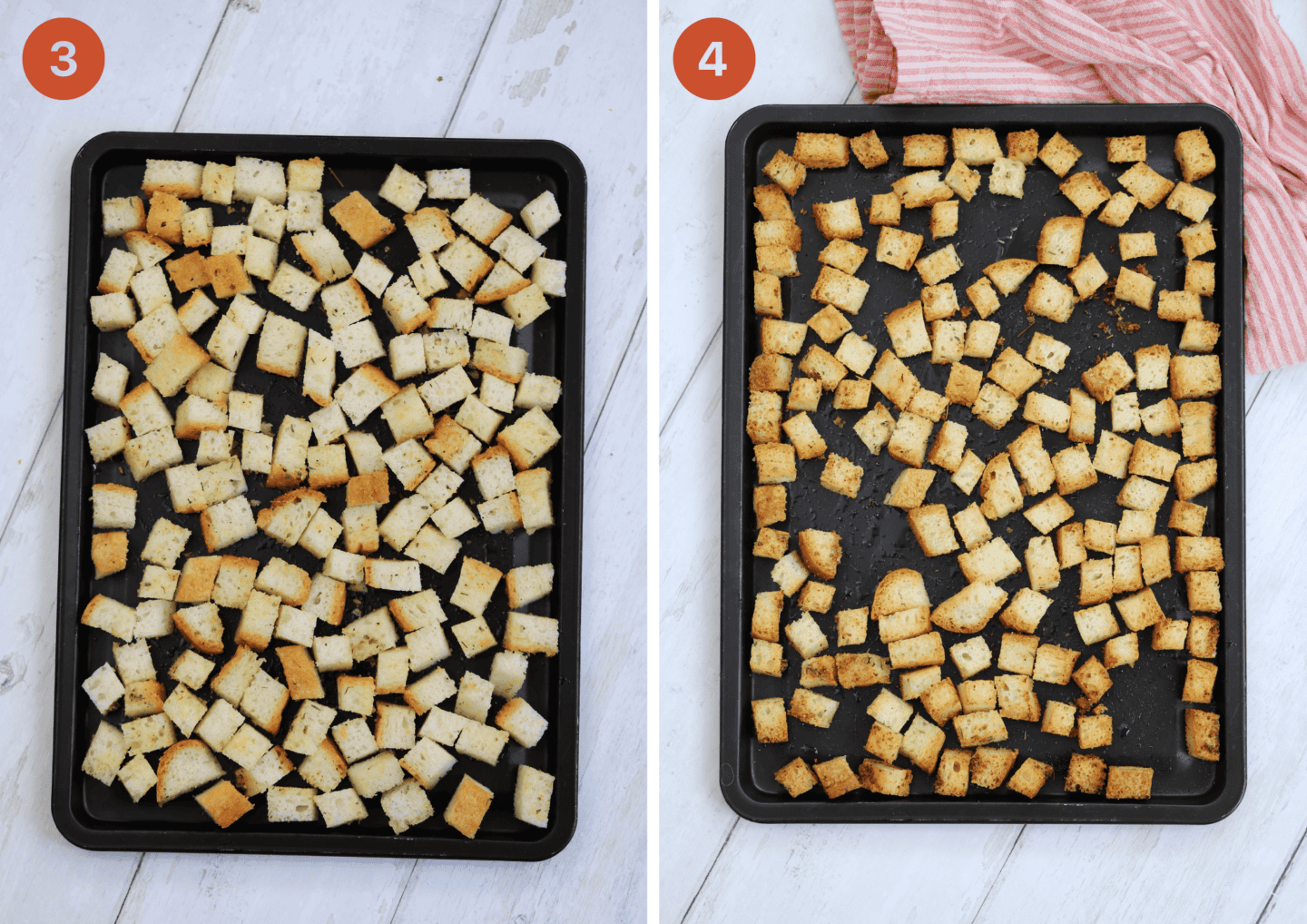 The gluten free croutons before (left) and after (right) cooking.