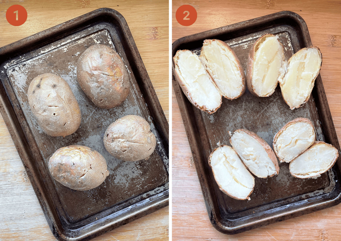 Baked potatoes on an oven tray.