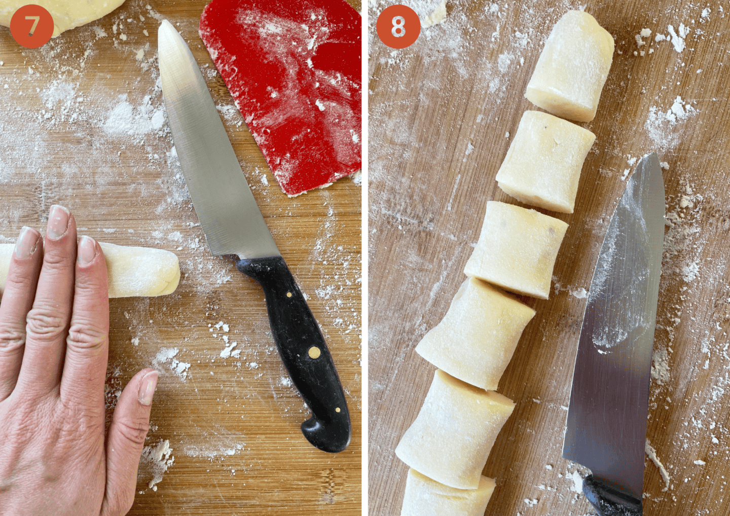 Roll the gnocchi dough then cut into pieces.