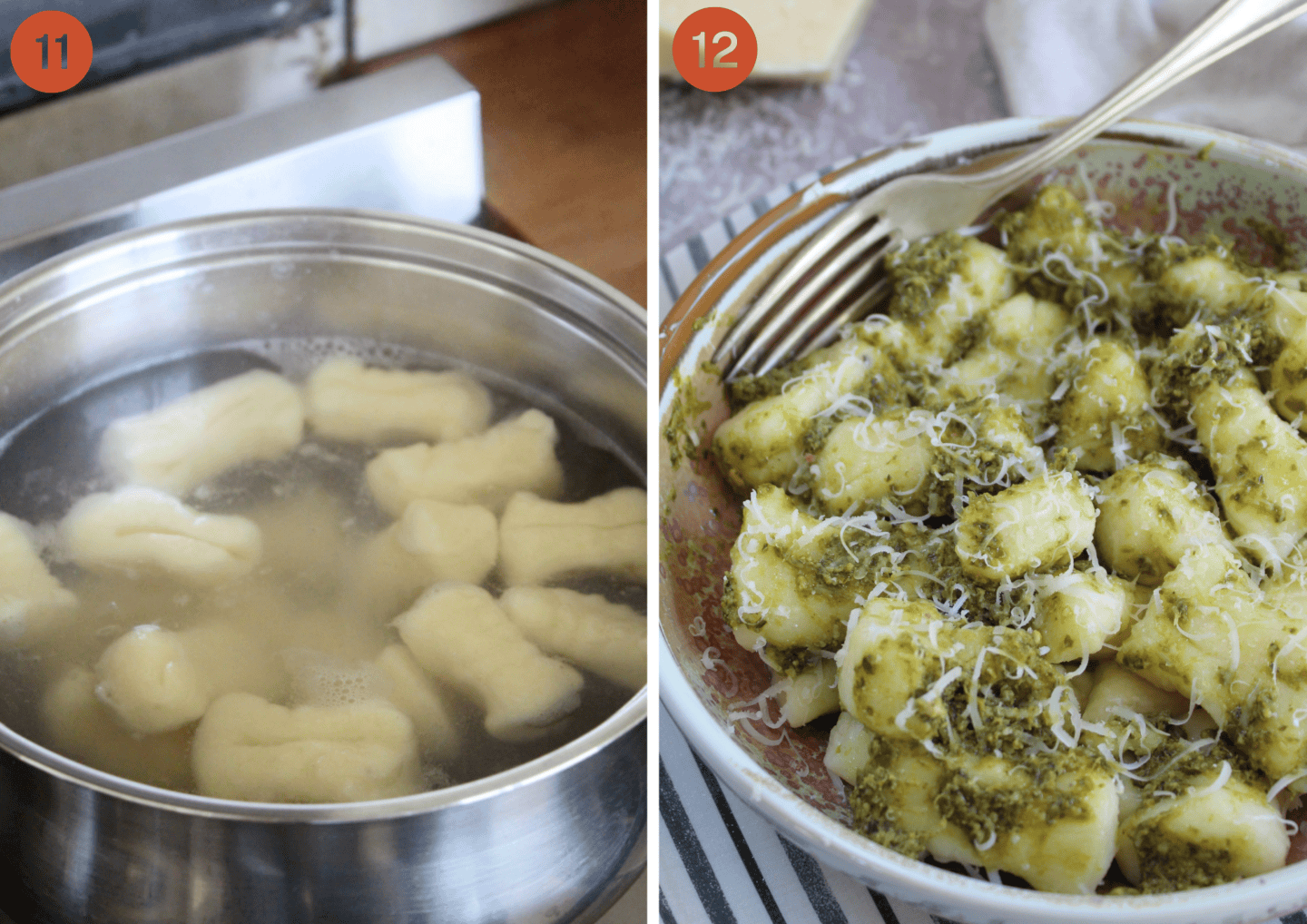 Boiling the gnocchi and (right) gnocchi coated in pesto.