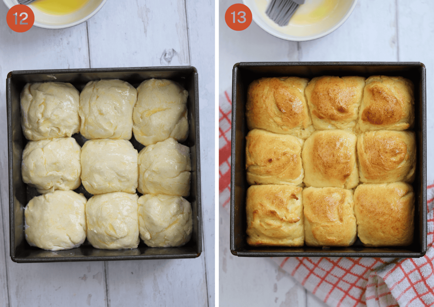 The gluten free Hawaiian rolls before and after baking.