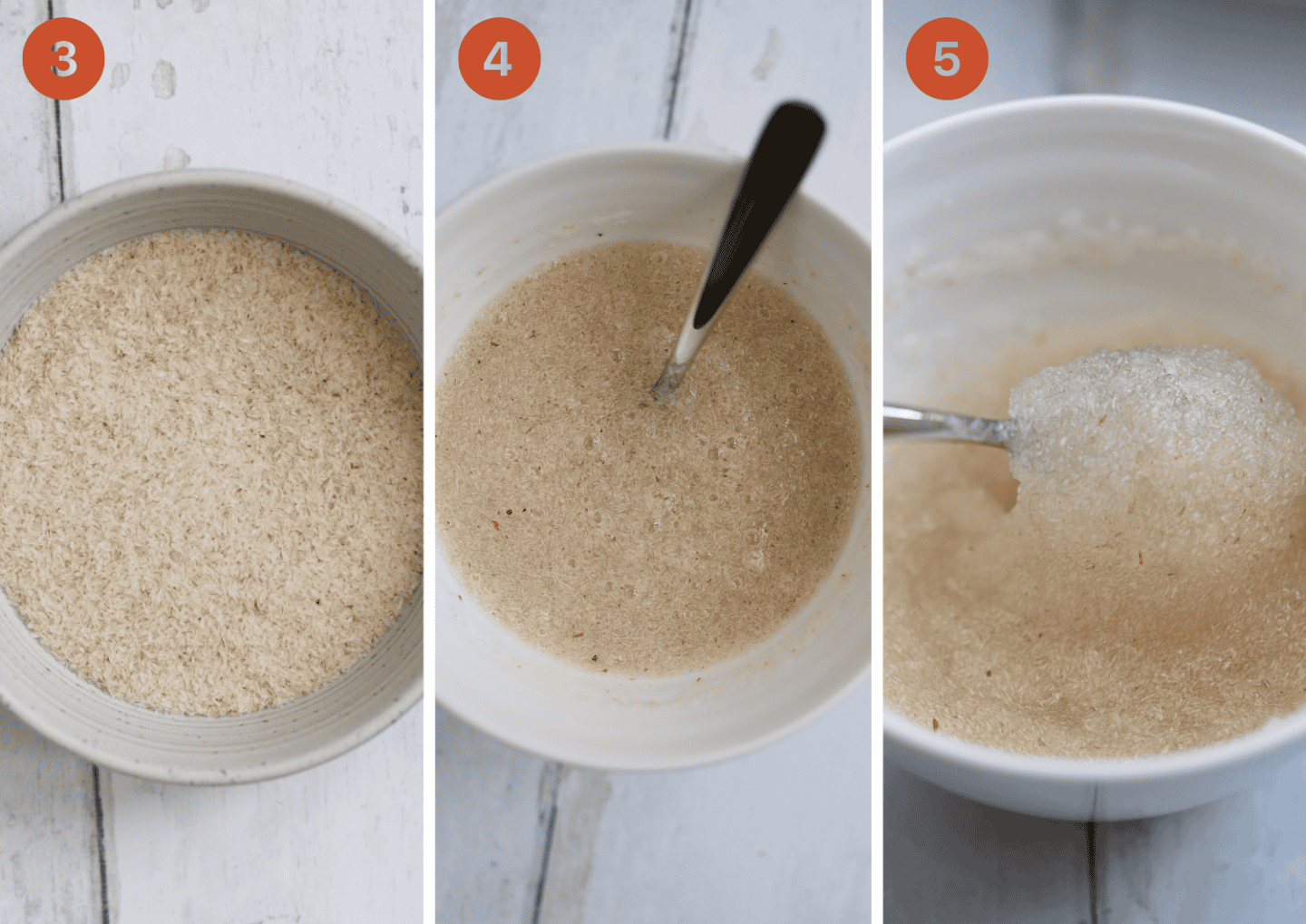 Stages of psyllium husk being added to water and forming a gel.