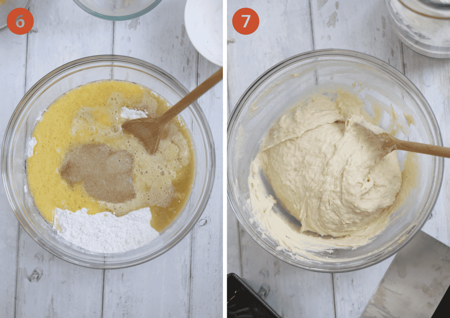 Adding the bread ingredients then stirring to make a dough.