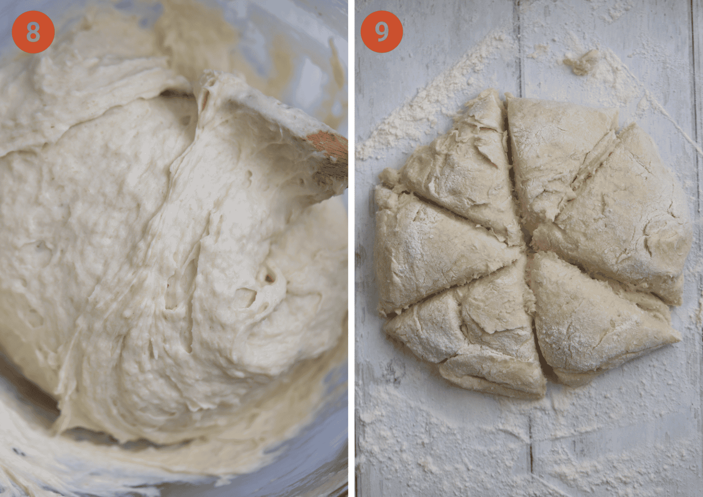 A close up of the bread dough and (right) the dough divided into 9 portions.