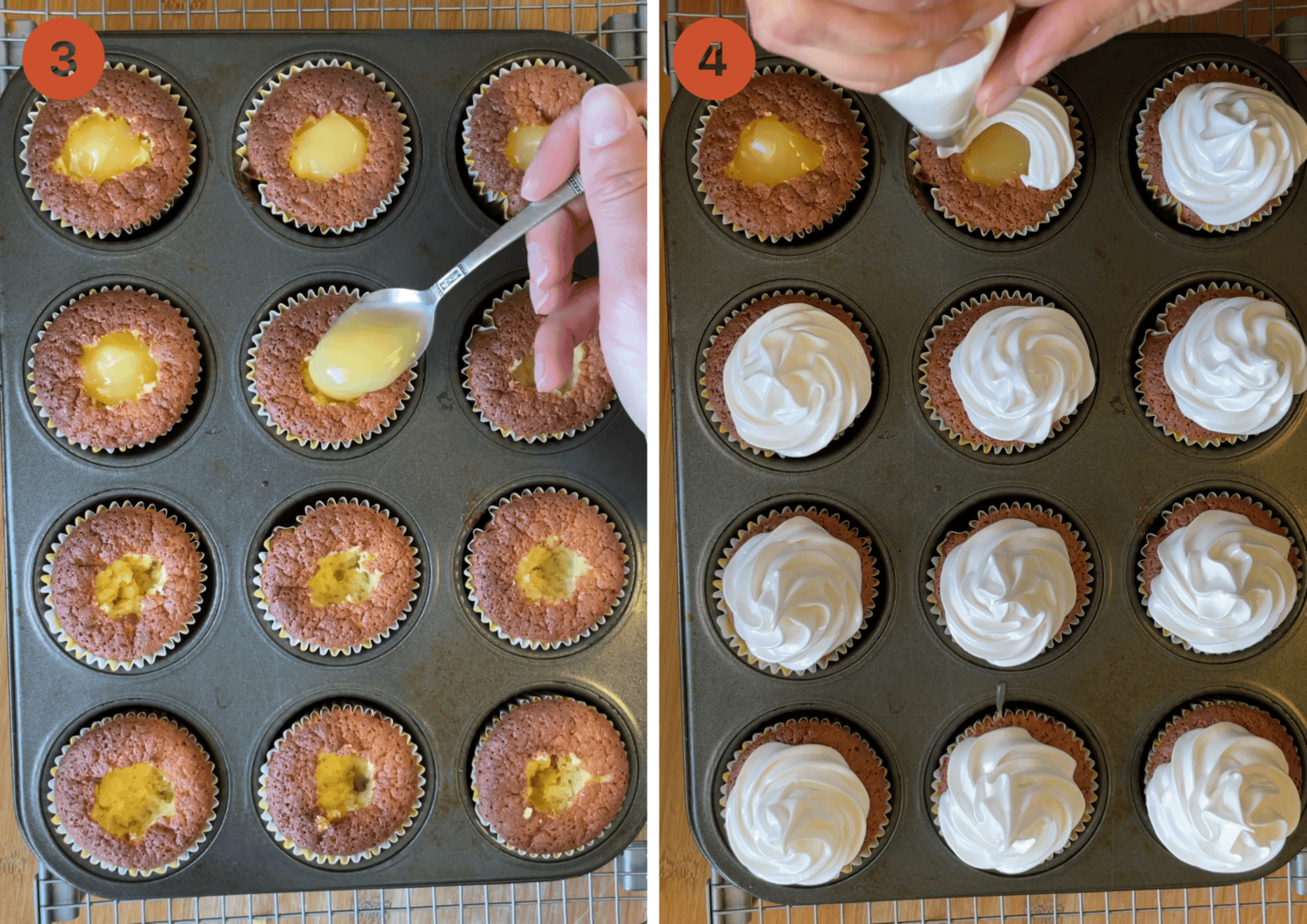 Filling and topping the lemon meringue cupcakes.