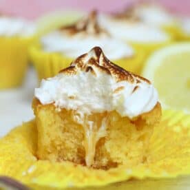 A gluten free lemon curd cupcake with lemon centre and meringe top.
