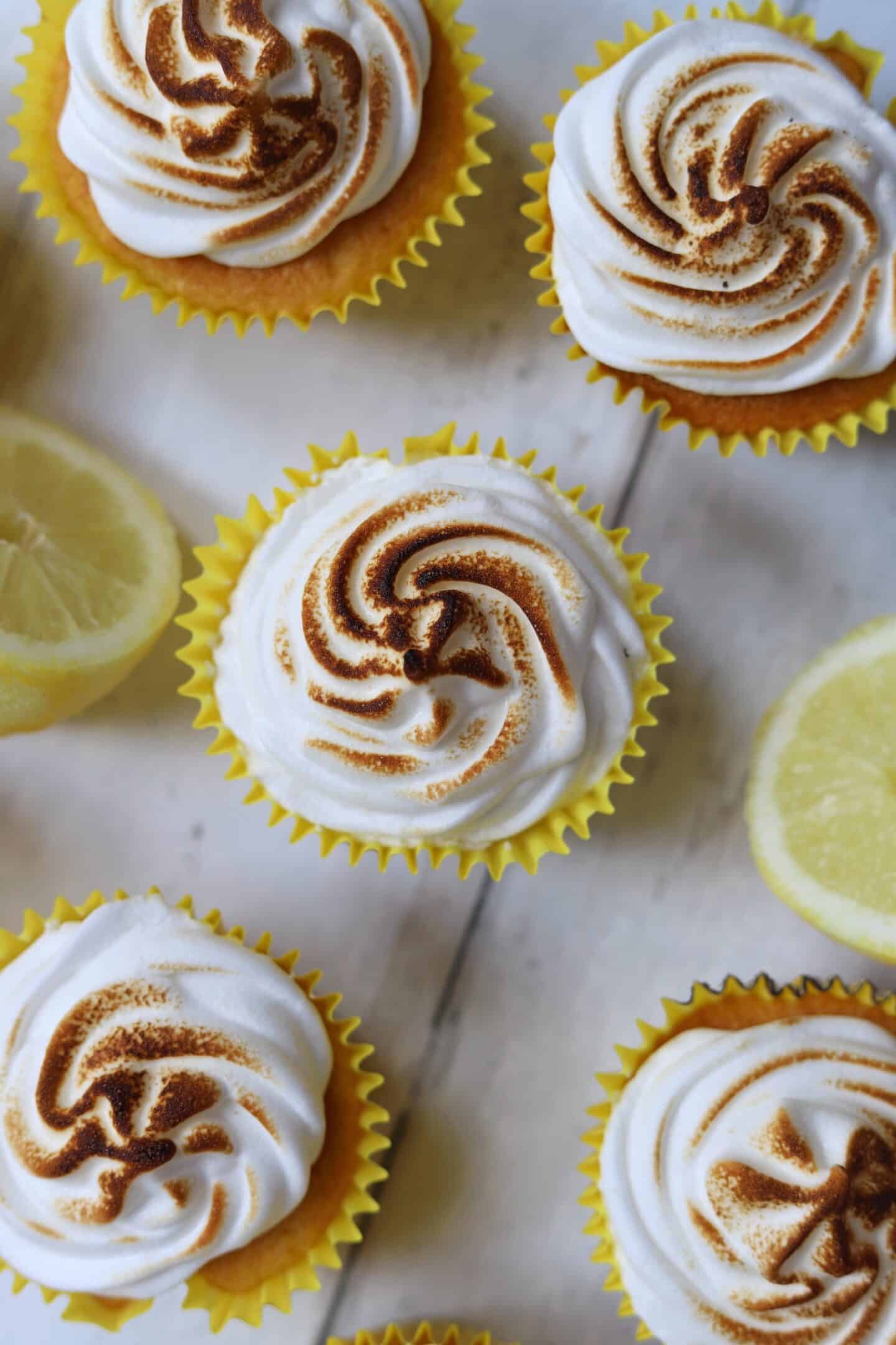 Overhead shot of lemon meringue pie cupcakes.
