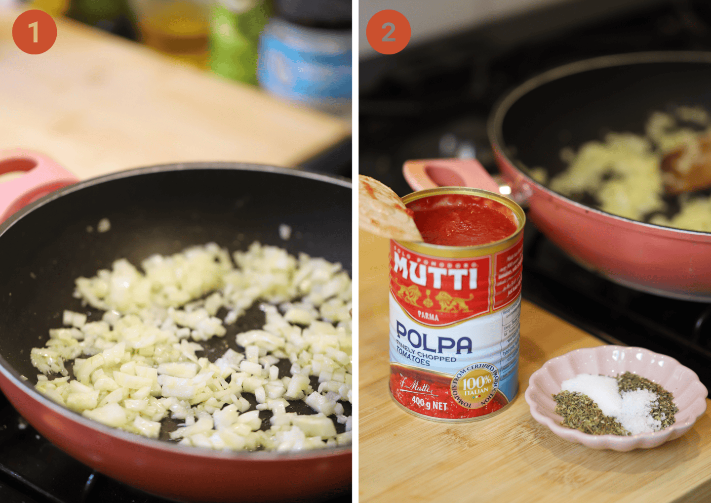 Fry onions and garlic and then add tinned tomatoes and herbs.