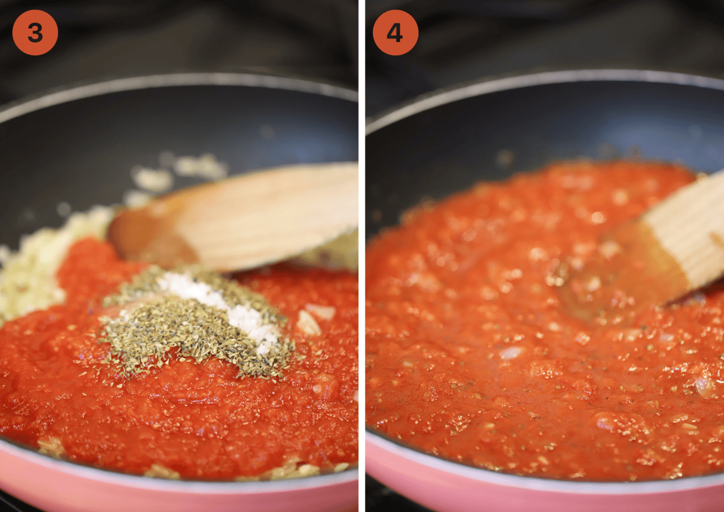 Making the marinara sauce in a large pan.