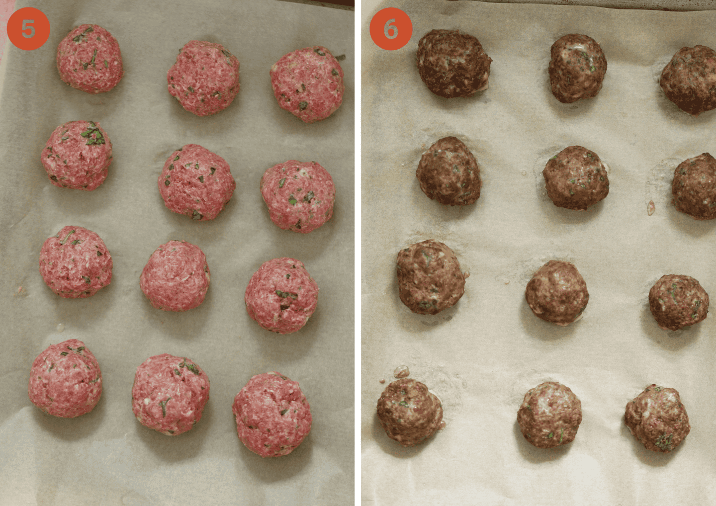 Gluten free meatballs before and after cooking.