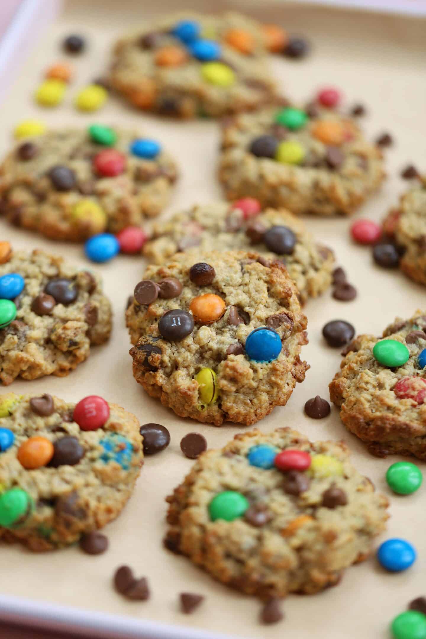 A tray of gluten free Monster Cookies. 