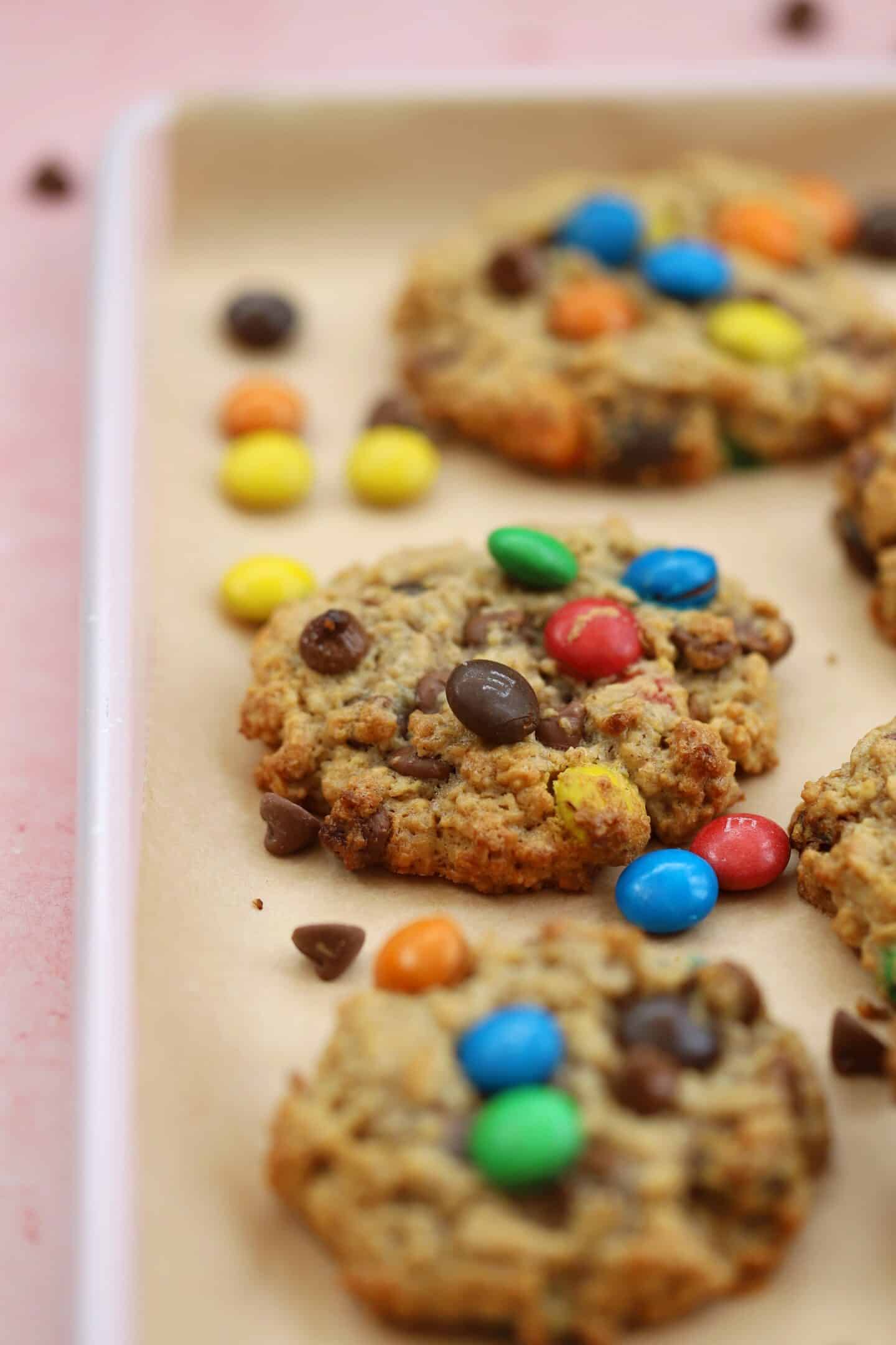 Close up of Monster Cookies on a tray.