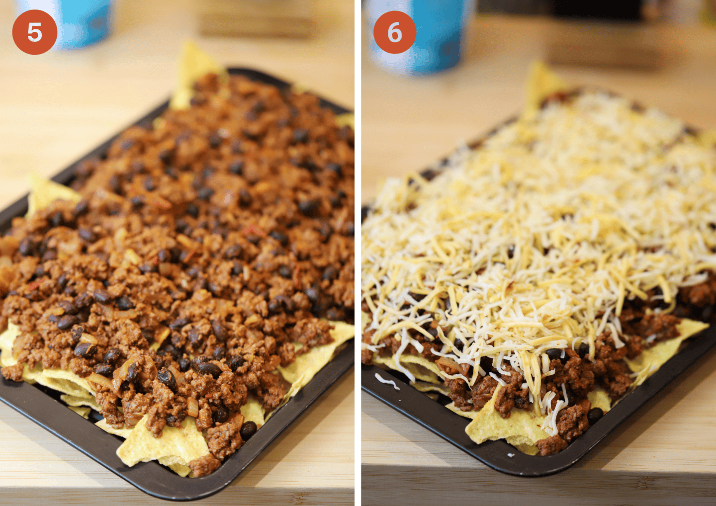 Top the nachos with the beef chilli (left) then cheese (right).