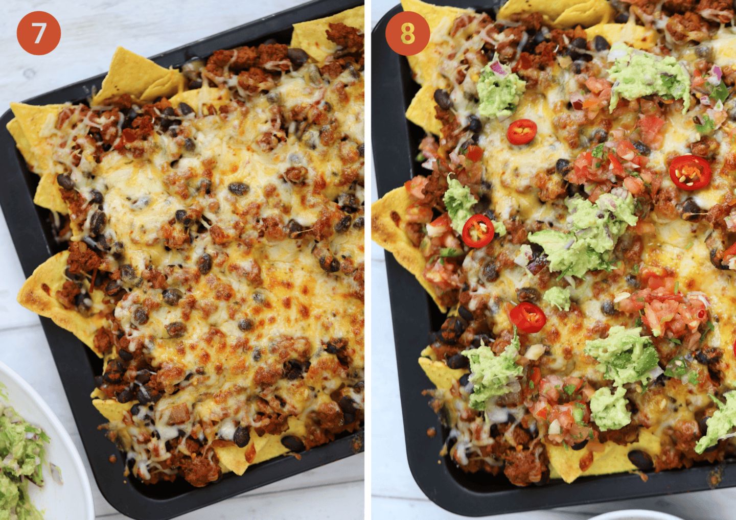 The nachos before and after topping with guacamole and salsa.