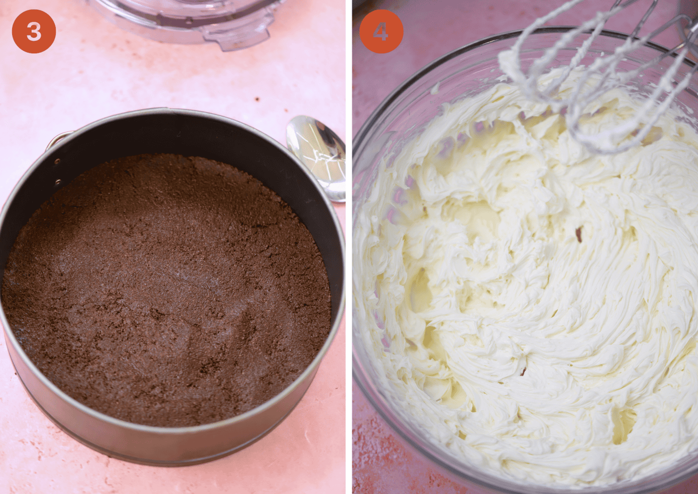 Press the Oreo base into the tin and (right) whip up the cheesecake filling.