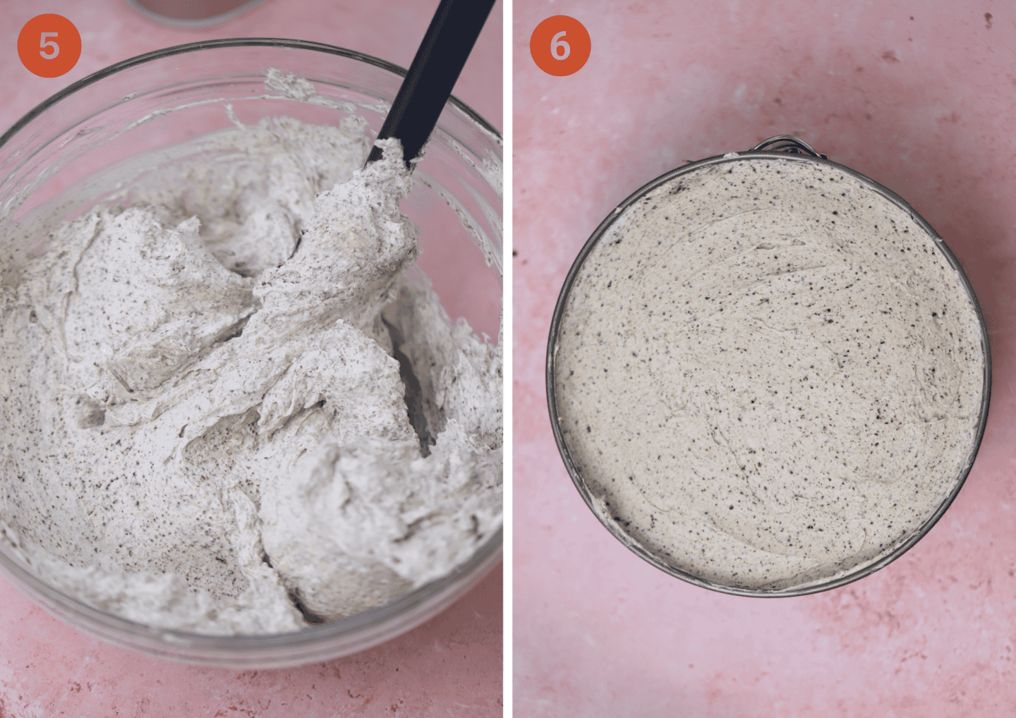 Mix the blended Oreos into the cheesecake mixture then spread onto the biscuit base.