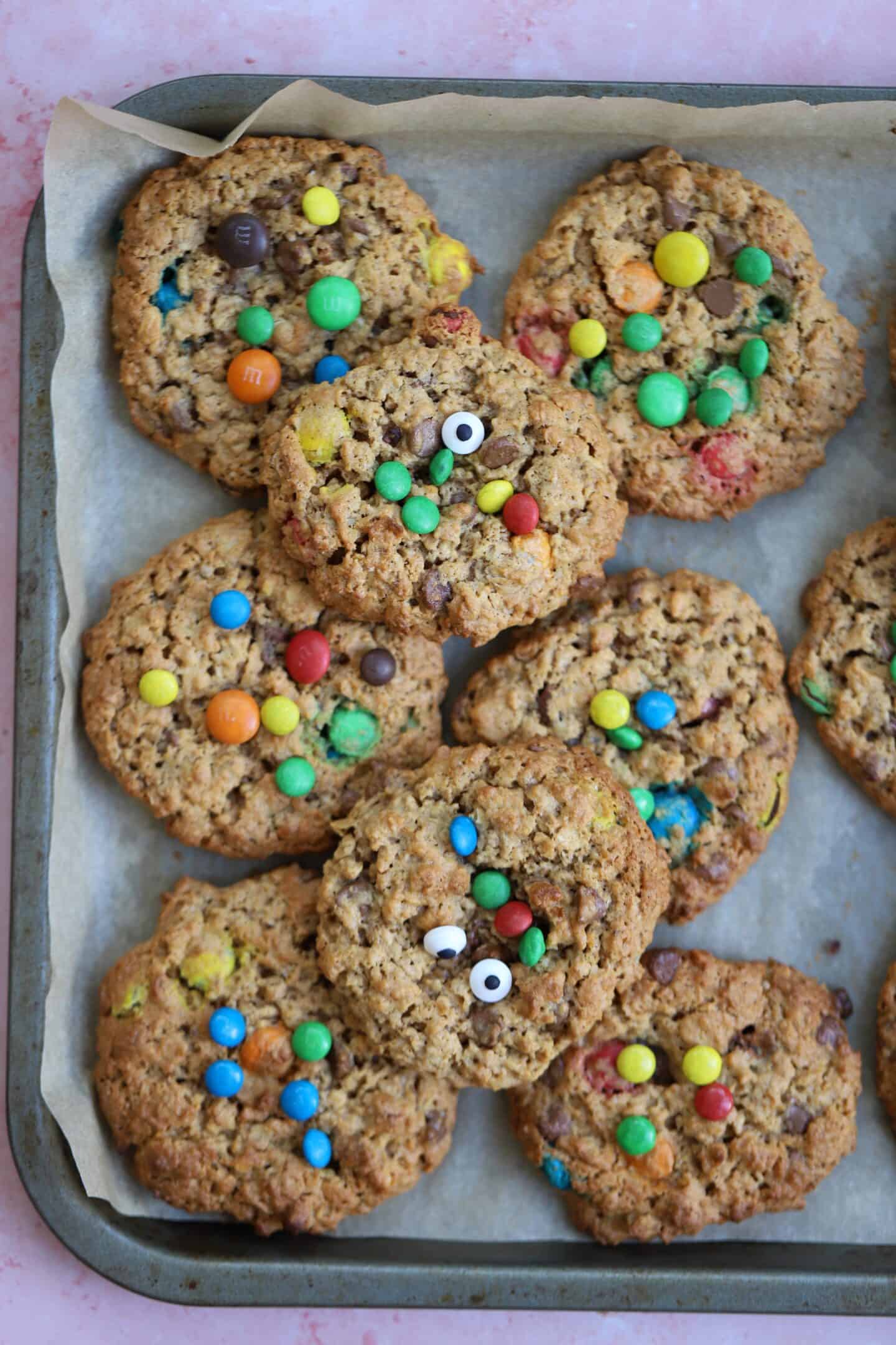 A tray of Monster Cookies with edible eyes.