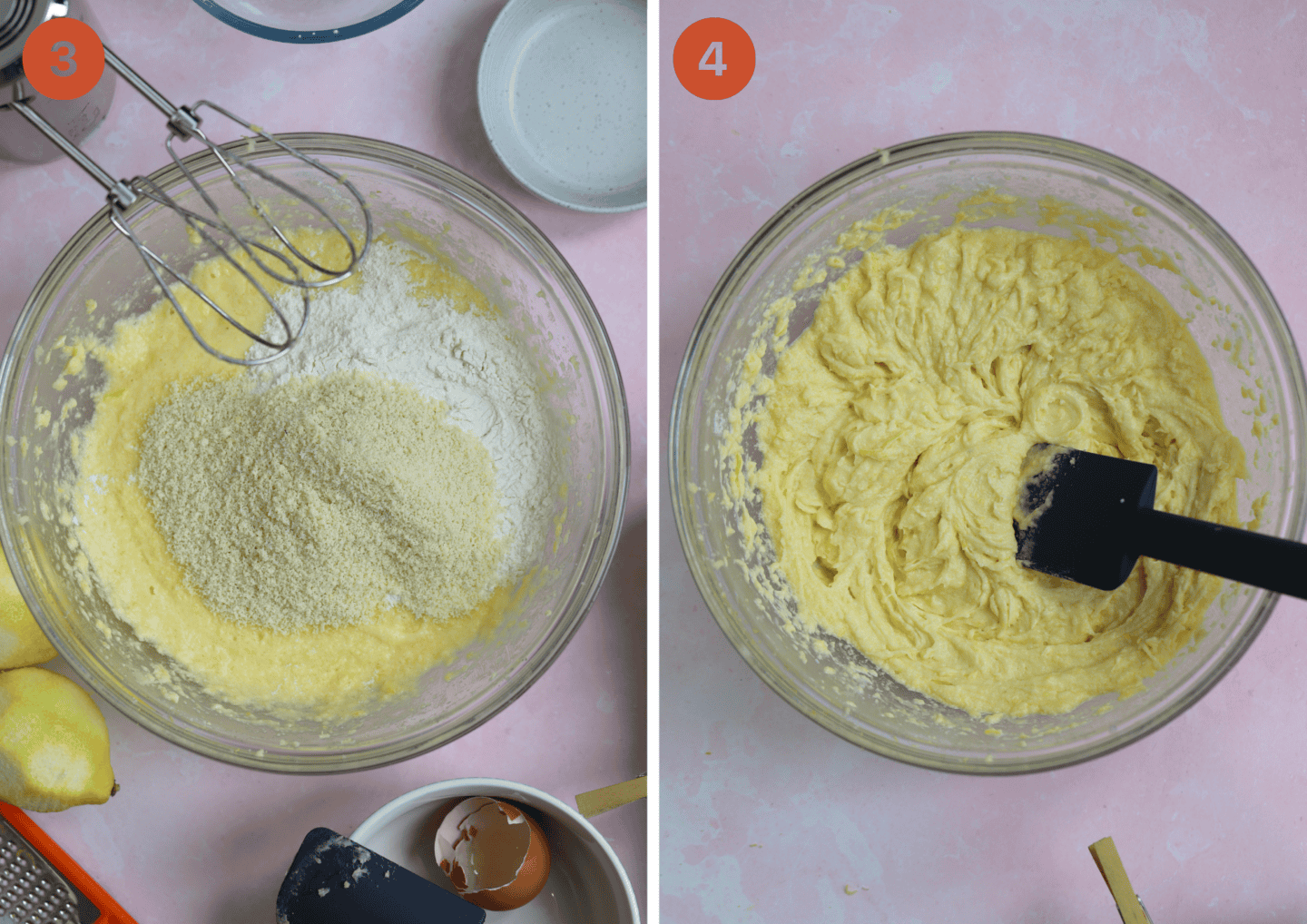 Mixing gluten free flour into the lemon drizzle cake batter.