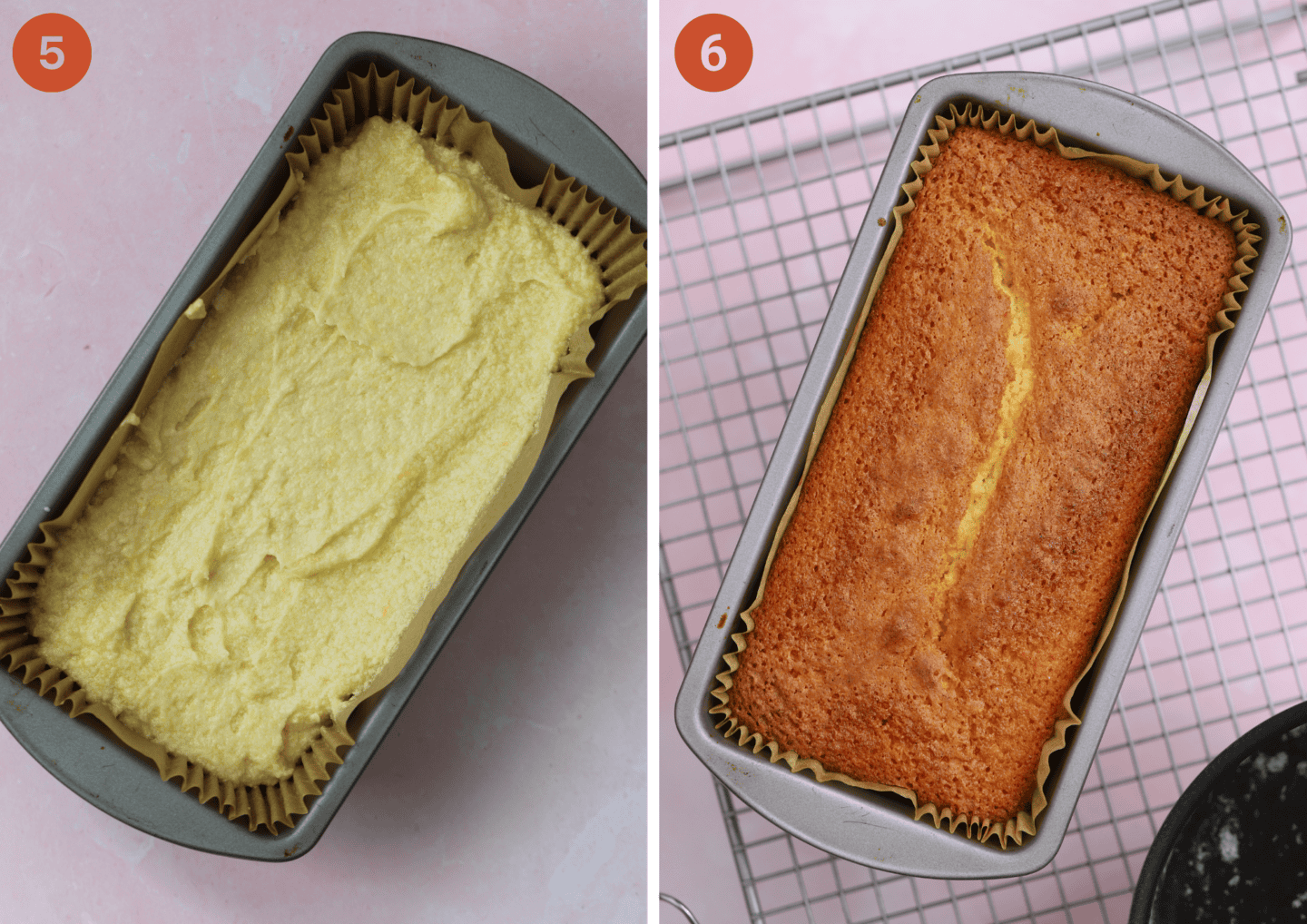 The lemon drizzle cake before (left) and after (right) baking.